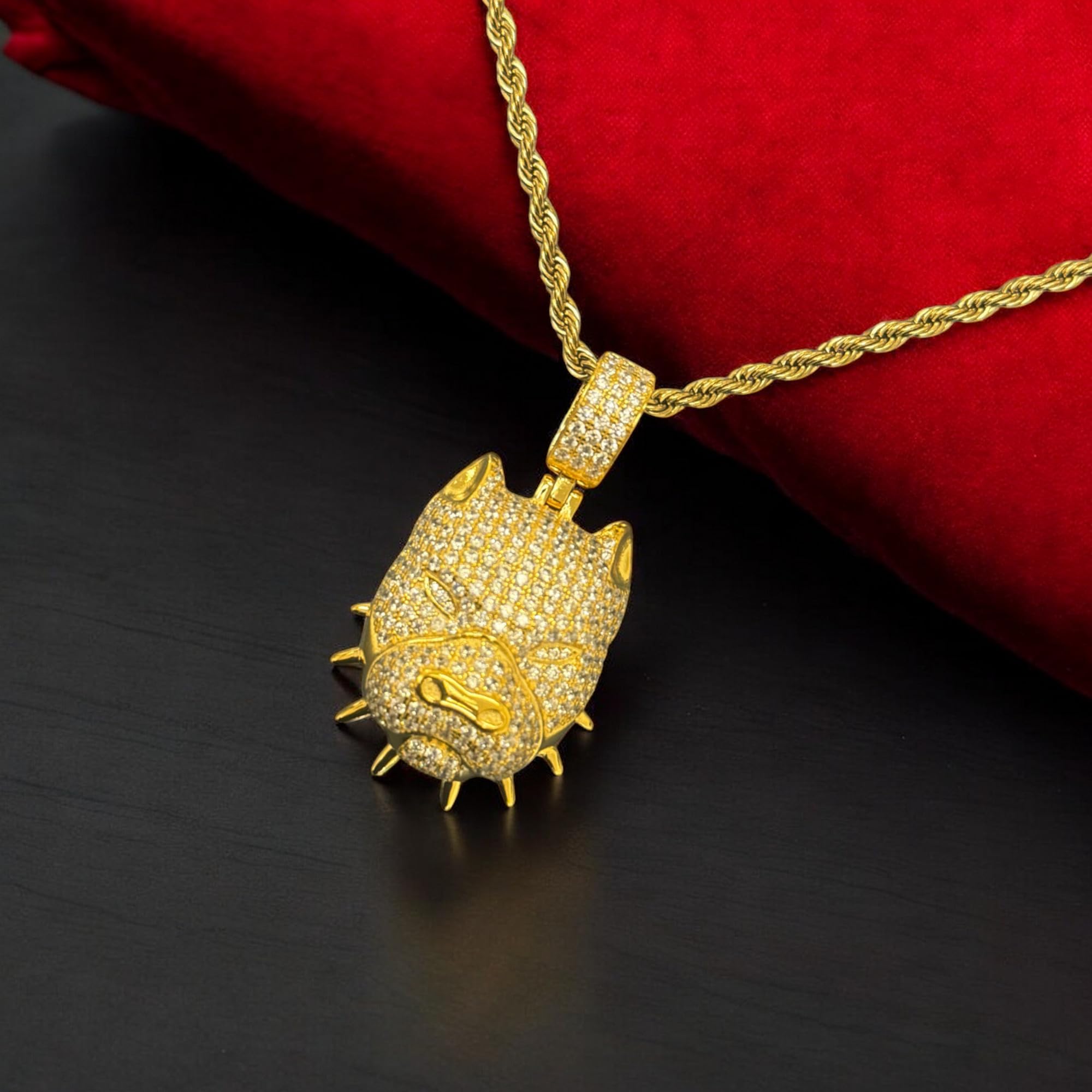 925 Sterling Silver & 14k Gold Angry Bull Dog Spike Collar Charm Pendant with 3mm Stainless Steel Rope Chain Necklace for Men & Women - Iced Out Hip Hop Jewelry, Perfect for Streetwear Fashion & Gift Giving