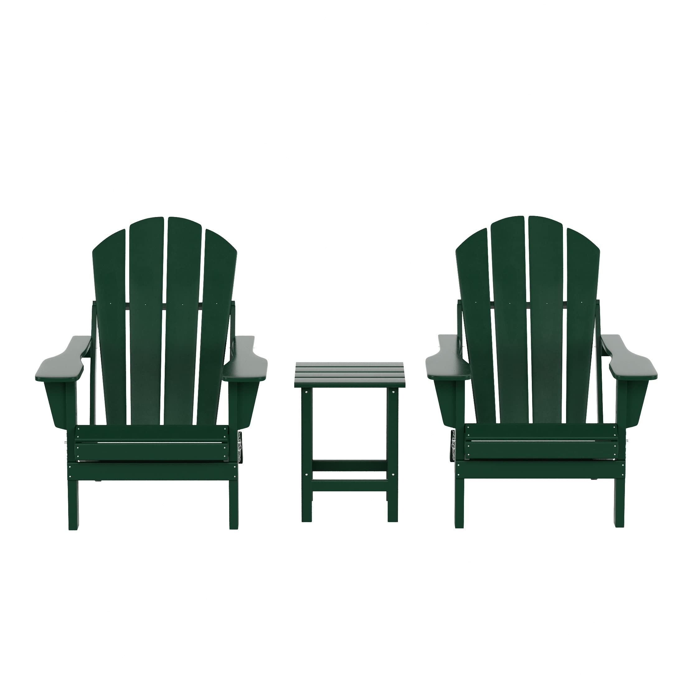 WO Home Furniture 3-Piece Adirondack Chair Set with Side Table - Outdoor Folding Chairs & End Table, Weather & UV Resistant - Perfect for Lawn, Garden, Bonfire, Balcony, Patio & Backyard Relaxation (Dark Green)