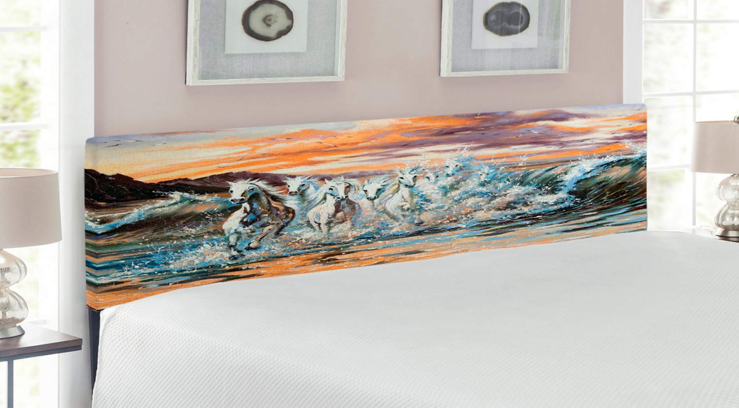 Ambesonne Upholstered King Size Metal Bed Headboard with Memory Foam - Retro Pacing Horses in Water Painting Design, Multicolor Decorative Headboard for Bedroom | Perfect for Farmhouse, Coastal & Eclectic Home Decor