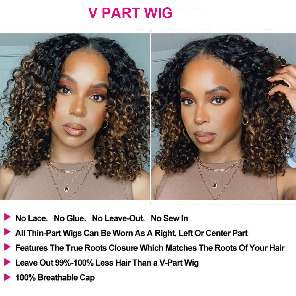UNICE 20 Inch Human Hair V Part Wig - Curly No Leave Out Balayage Brown Highlight Glueless Clip-In Wig for Beginners (No Sew In, No Glue) | Perfect for Daily Wear, Parties & Special Occasions