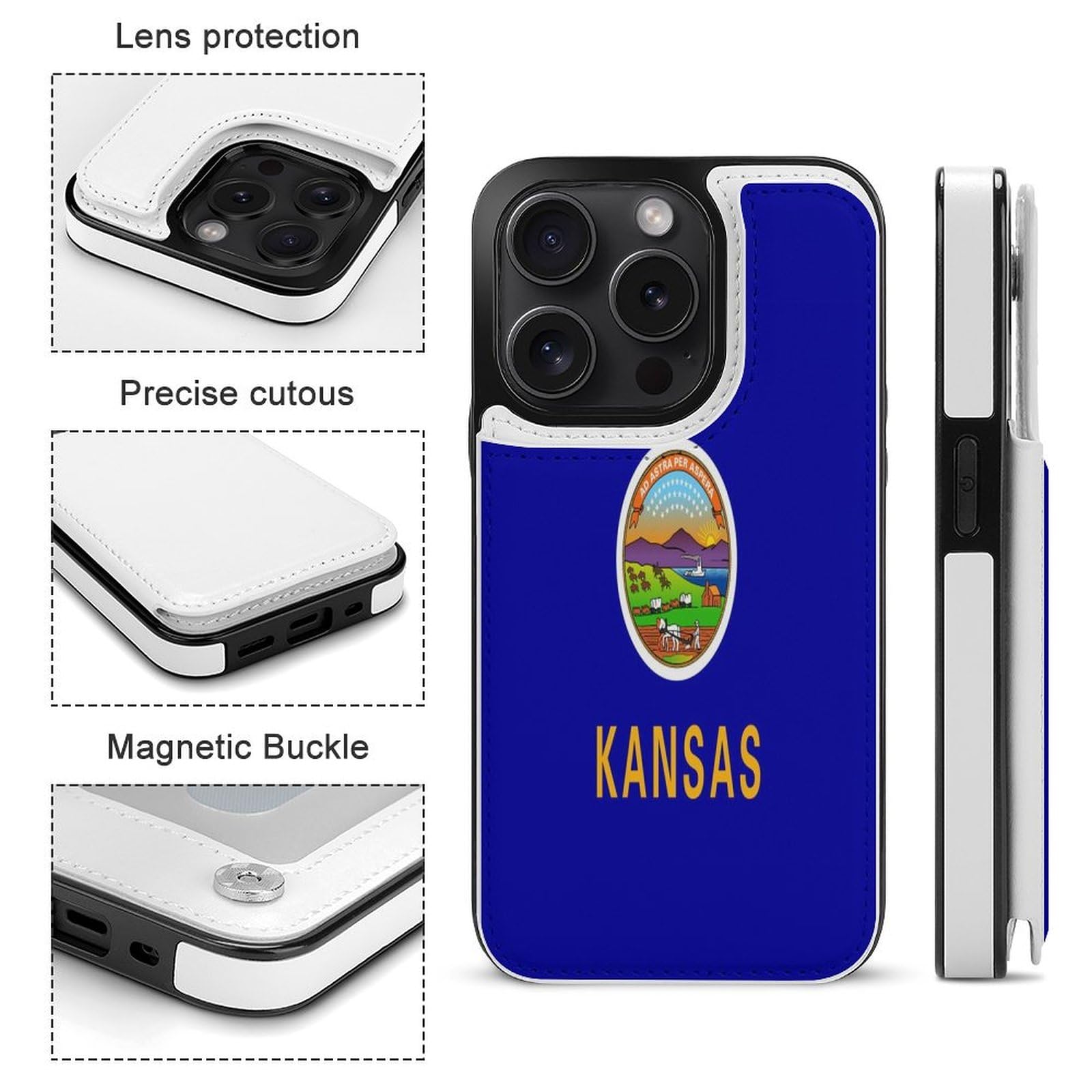 Kansas State Flag Printed Flip Phone Case for iPhone 15 Plus/Pro/Pro Max - 6.1/6.7 Inch Protective Cover | Perfect for Travel, School & Everyday Use