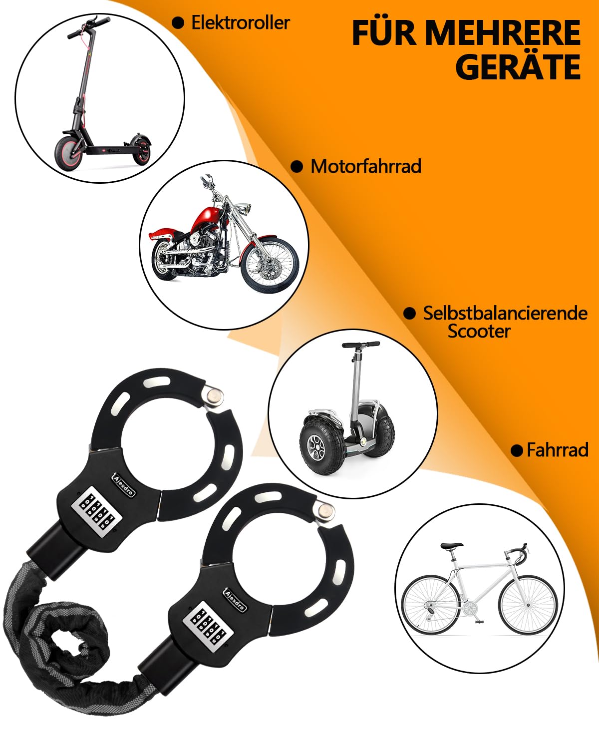 High Security 90cm E Scooter & Bicycle Combination Chain Lock with Rubber Sleeve - Handcuff Style Password Lock for Electric Scooters, Bikes, Skateboards - Perfect for Urban Commuting, Campus Security & Outdoor Activities