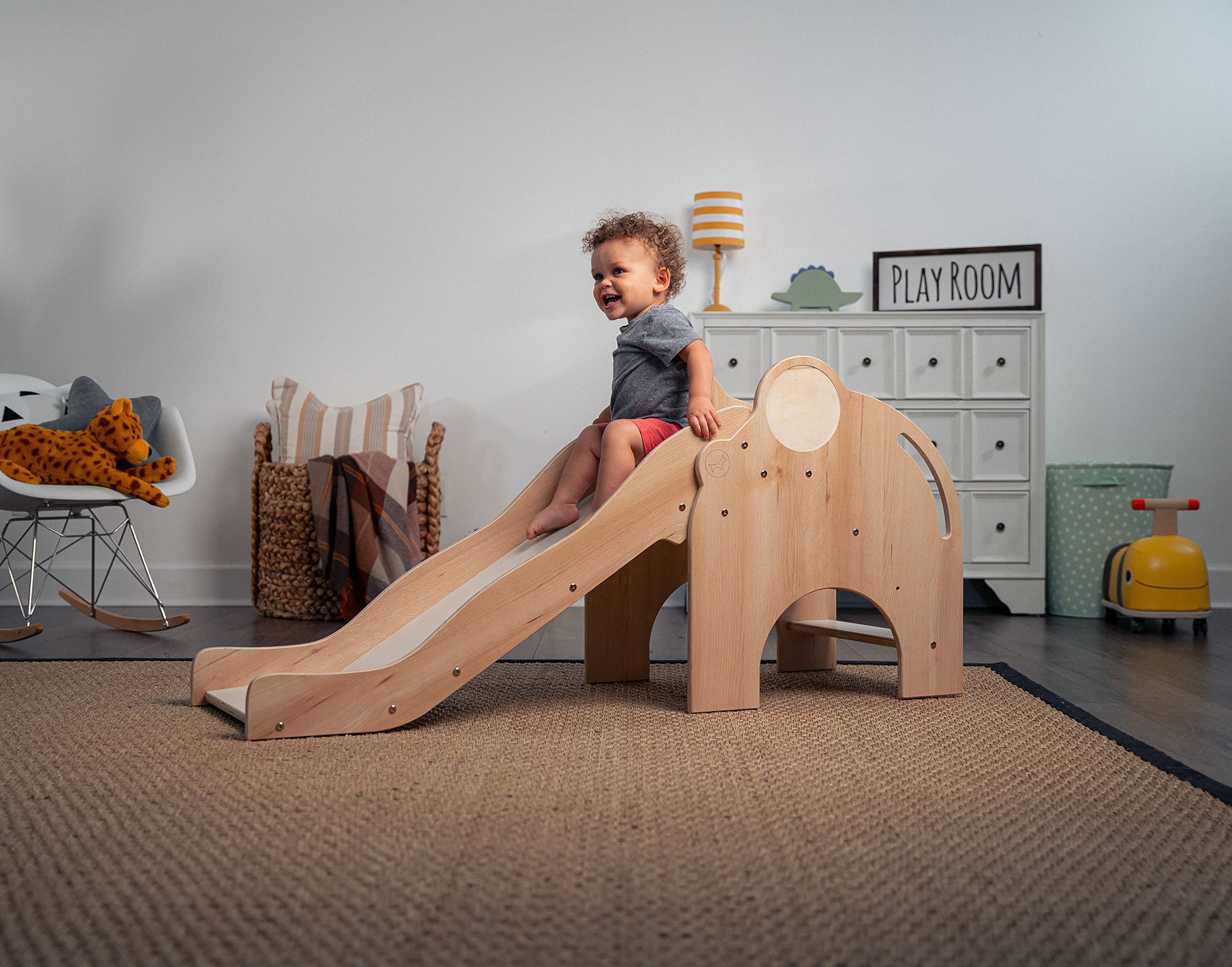 Avenlur Nima Indoor Slide for Toddlers - Elephant Shaped Montessori & Waldorf Style Kids Slide - Safe Sturdy Slide for 1-5 Year Olds - Develop Motor Skills & Balance - Perfect for Playrooms, Daycares & Indoor Play Spaces
