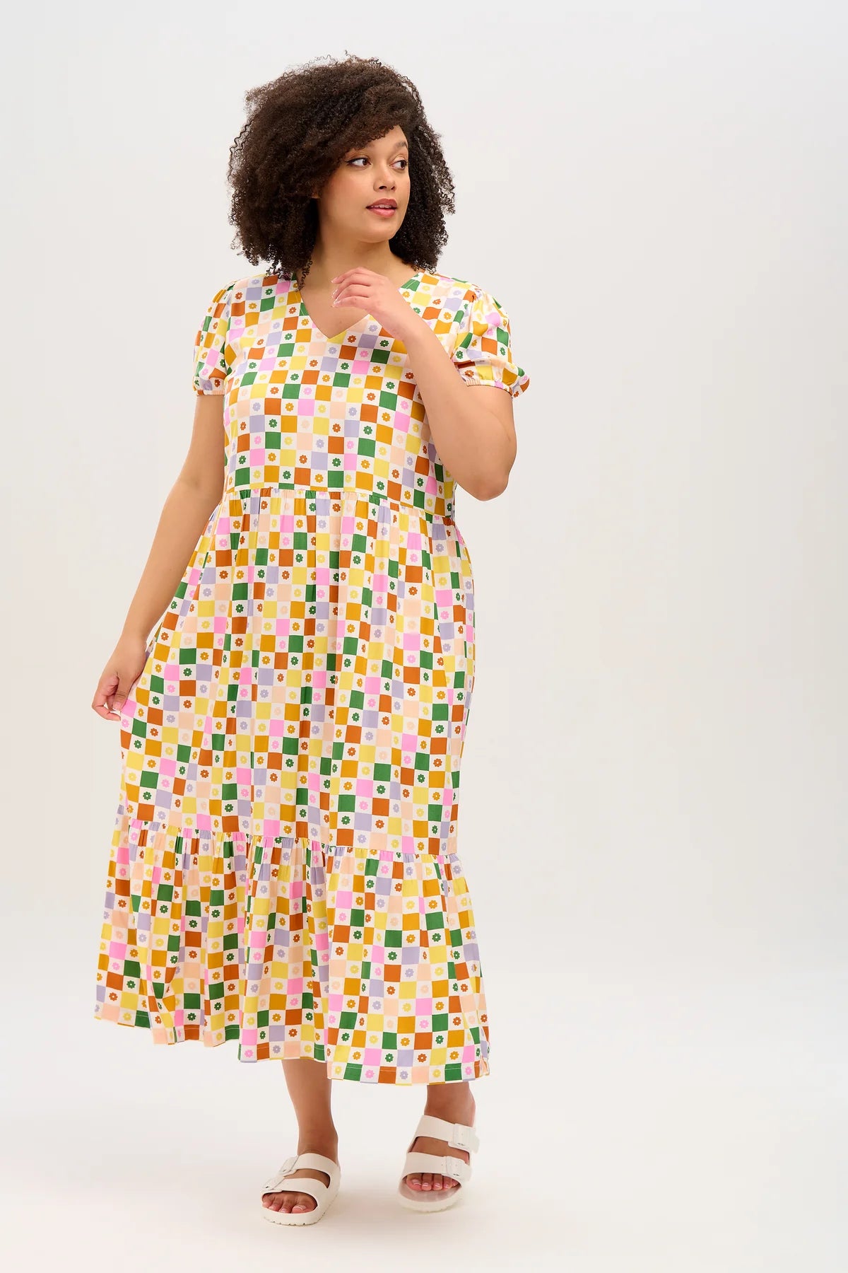 Belinda V Neck Maxi Smock Dress - Floral Checkerboard Print Women's Summer Dress for Beach, Vacation & Casual Wear