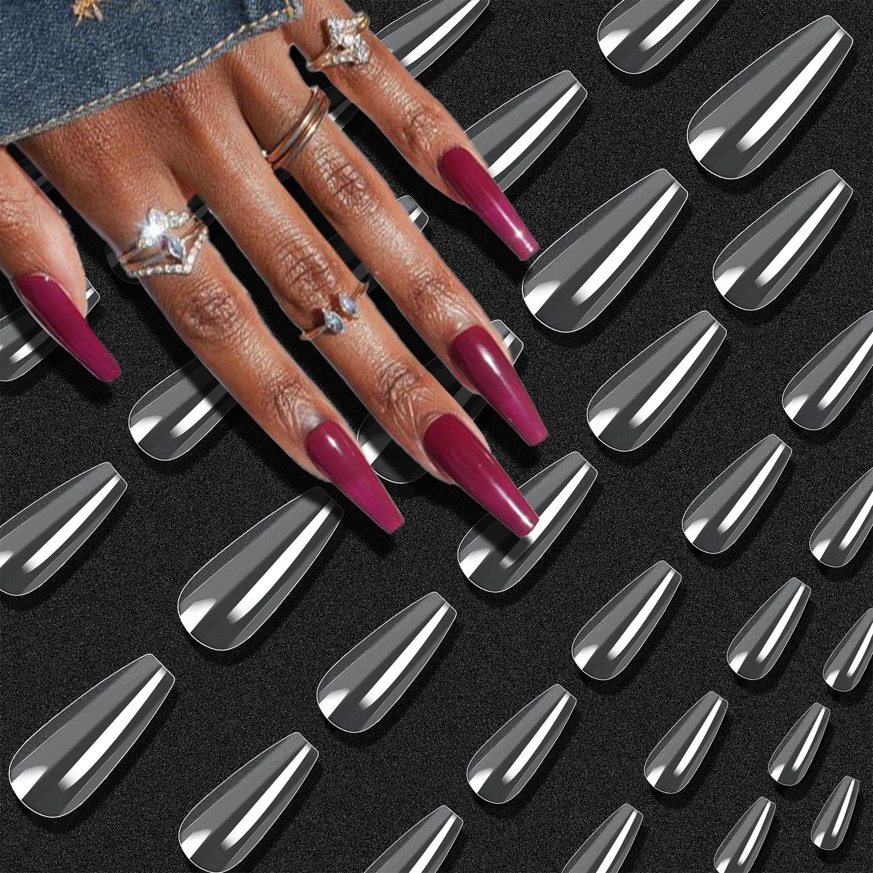 500pcs Clear Acrylic Ballerina Fake Nails - Full Coverage Coffin Artificial Nail Tips Extensions in 10 Sizes by VIVID STELLA | Perfect for Salon, Home Manicures, Parties & Special Occasions