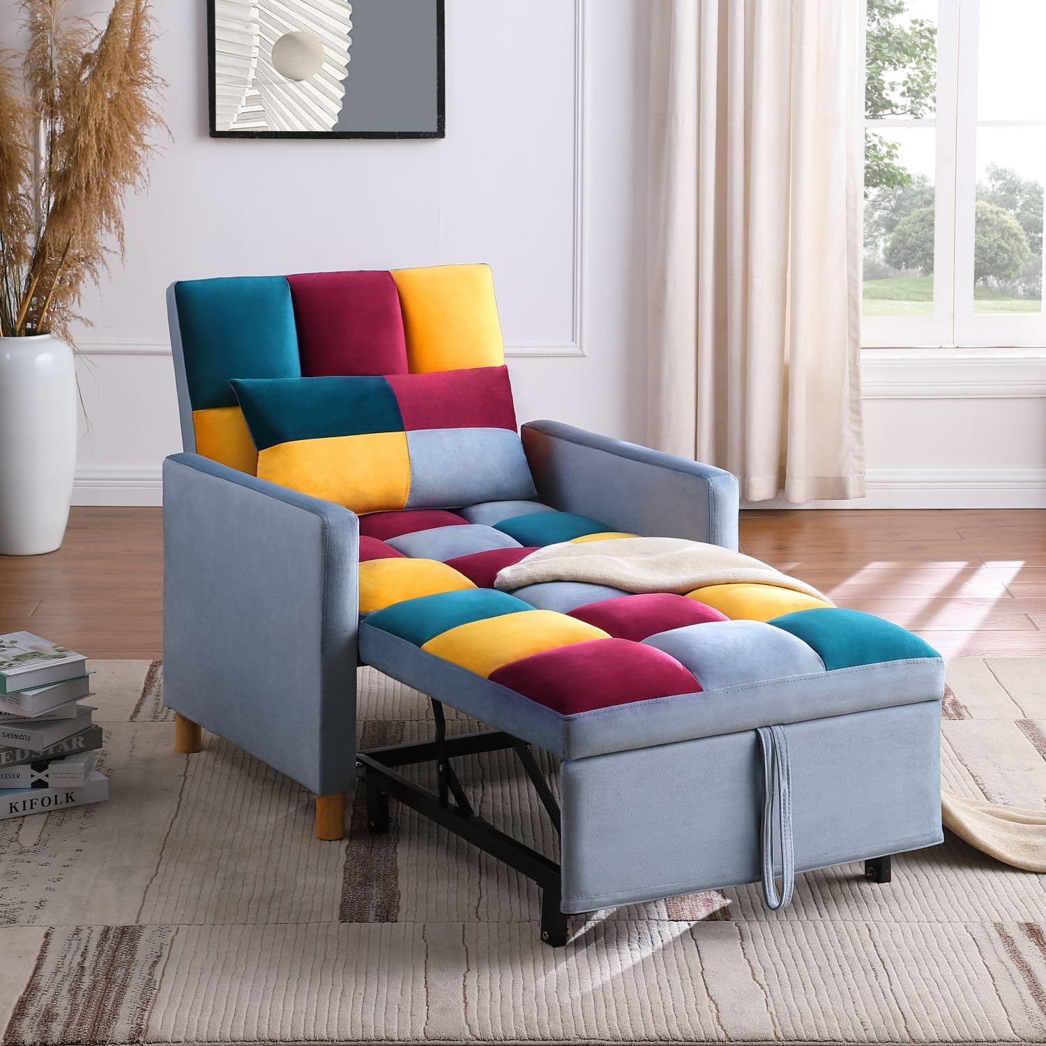 3-in-1 Convertible Folding Futon Chair Bed with Adjustable Backrest - Velvet Upholstered Sleeper Sofa for Living Room, Bedroom & Small Spaces | Modern Pull-Out Couch Chair | Rainbow Color | Perfect for Guest Sleeping, Lounging & Space Saving