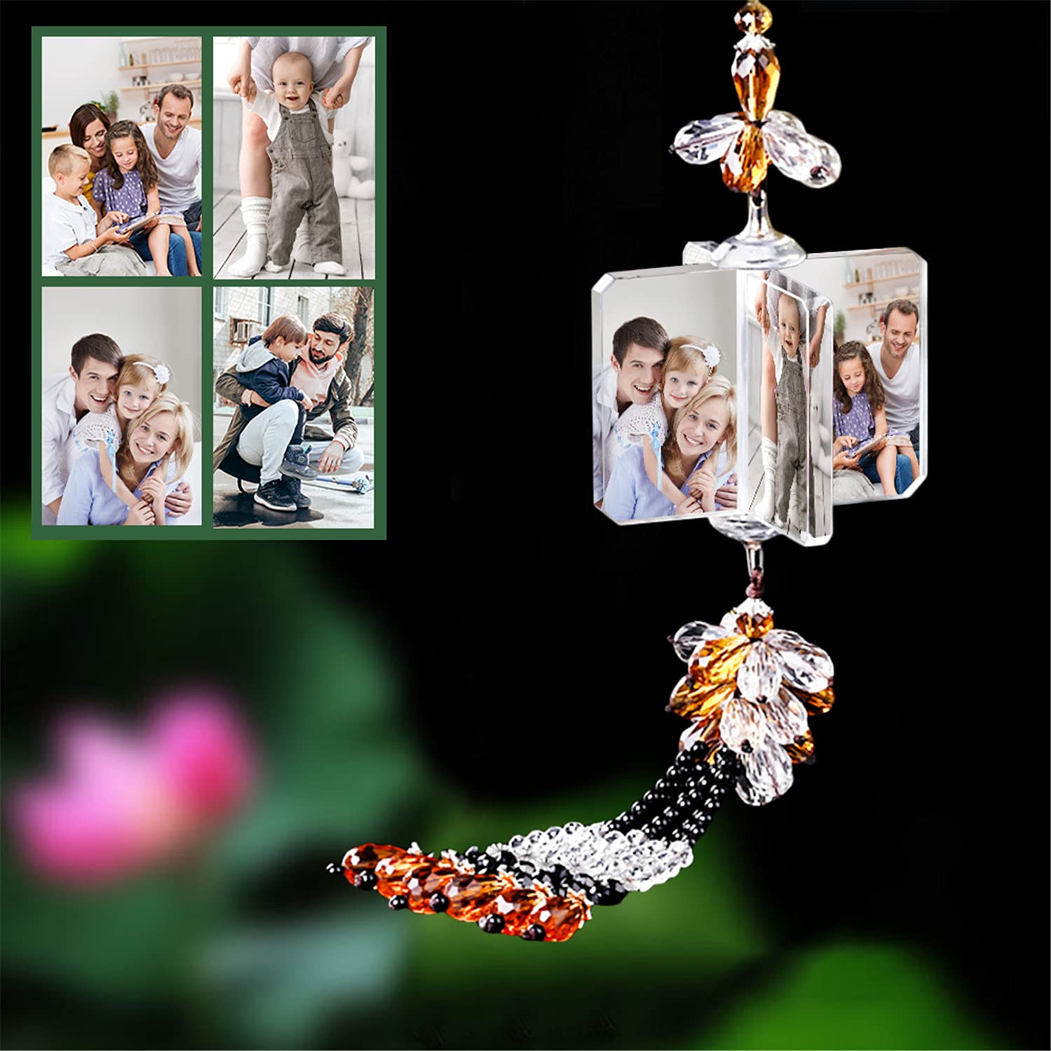 Crystal Windmill Pendant Car Mirror Hanging with 4 Photo Frames - 40-60cm Orange Rearview Mirror Ornament for Car Accessories - Perfect for Personalizing Your Vehicle and Adding a Stylish Touch to Your Daily Commute