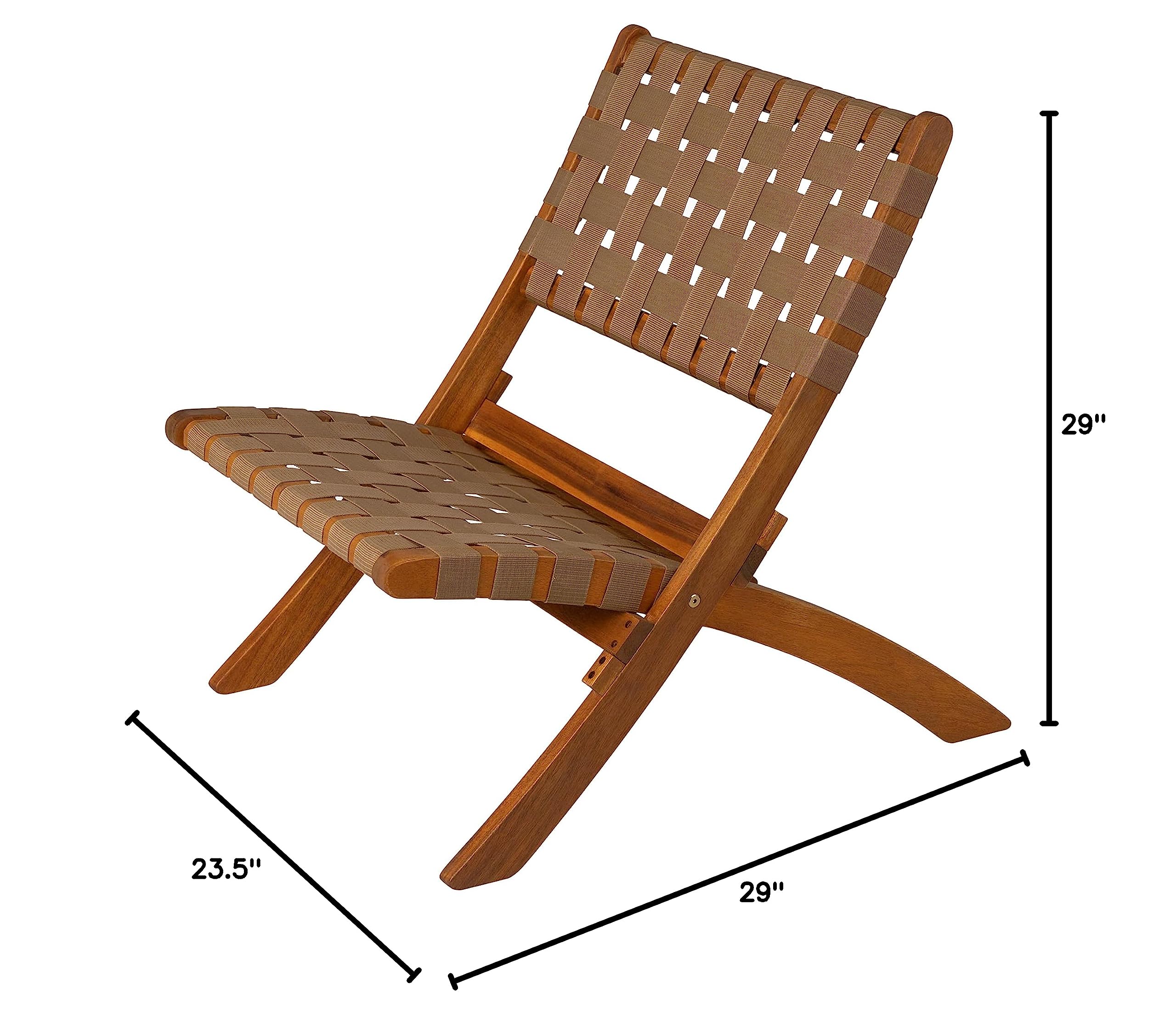 Patio Sense 64098 Sava Indoor Outdoor Folding Chair - Portable Low Profile Acacia Wood Frame with Woven Seat & Back - Perfect for Porch, Garden, Fishing, Camping & Sporting Events - Brown Webbing