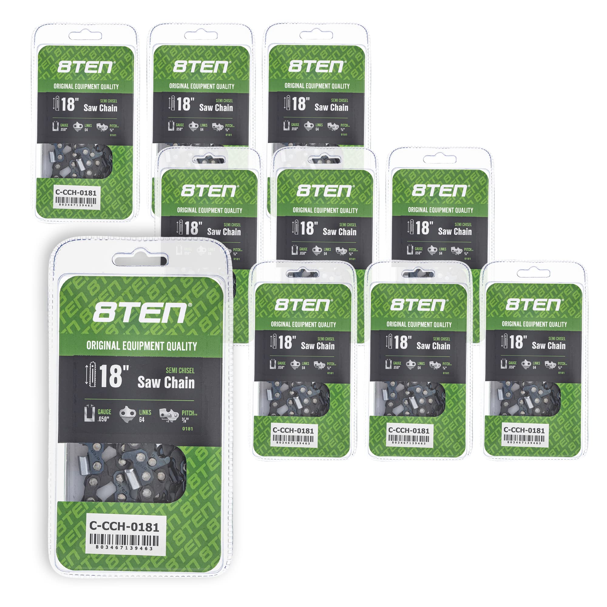 8TEN Semi Chisel Chainsaw Chain 18 Inch .050 Gauge 3/8 Pitch 64DL - Compatible with Echo CS-600P & Jonsered 2160 Chainsaws (10 Pack) - Ideal for Tree Cutting, Firewood Processing, and Landscaping Work