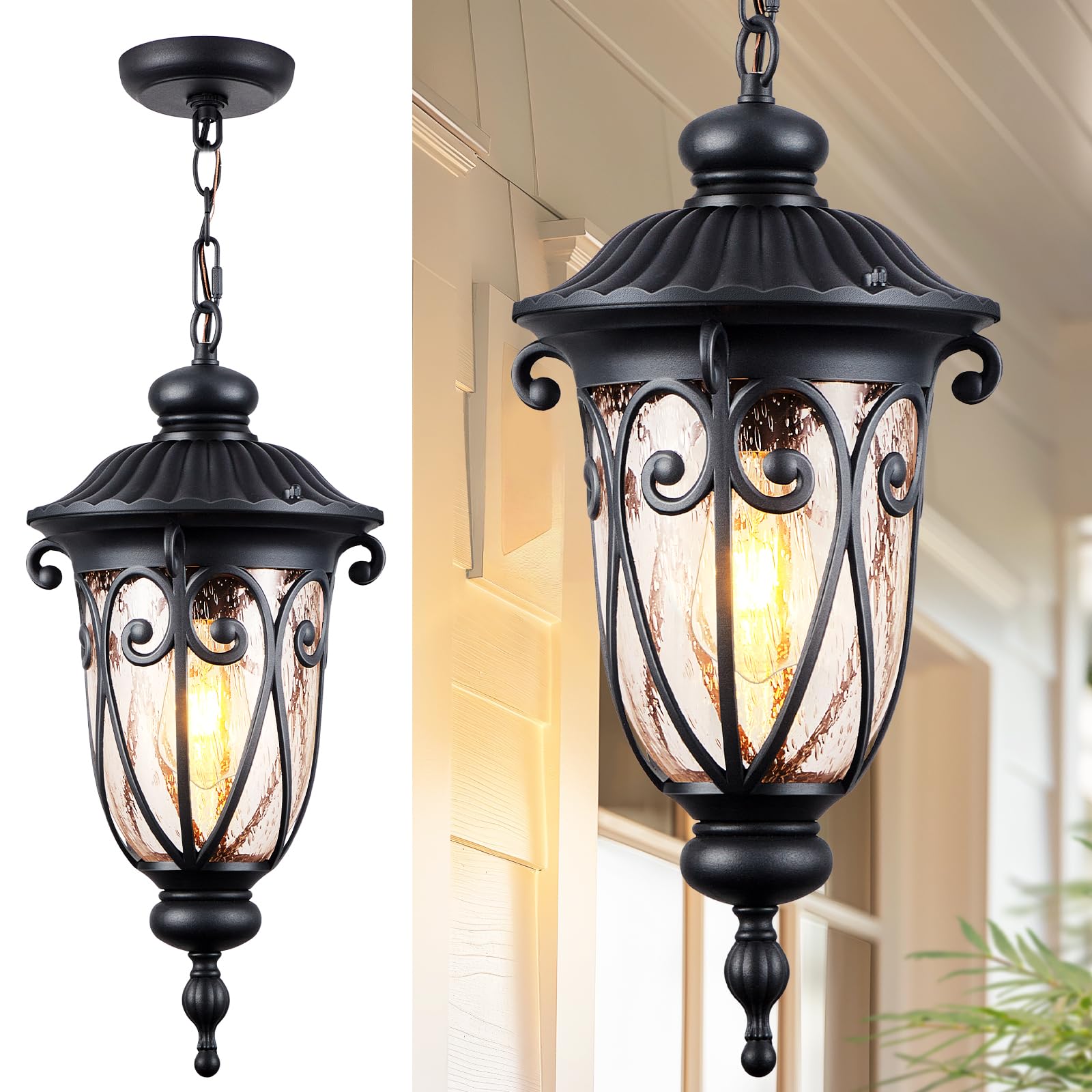 VIANIS Large Black Vintage Outdoor Pendant Light - Waterproof Aluminum Hanging Porch Light Fixture for House, Doorway, Entryway - Rust-Resistant & Durable - Perfect for Patio, Garden, Deck & Front Porch Lighting