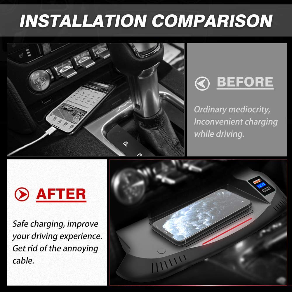 Fast Wireless Car Charger for Ford Mustang 2015-2020 - 15W Qi Charging Pad with QC3.0 USB Port - Perfect for iPhone & Galaxy Phones on Road Trips