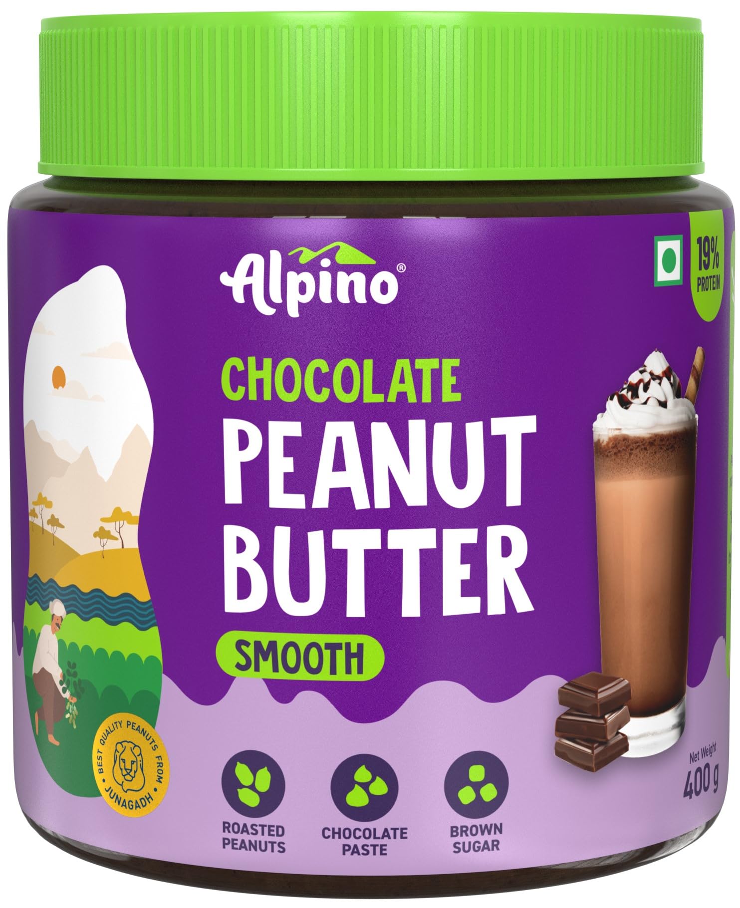 ALPINO Chocolate Peanut Butter Smooth - High Protein 19% | Vegan Plant-Based Spread with Roasted Peanuts, Chocolate Paste & Natural Sweeteners | Creamy Nut Butter for Smoothies, Toast & Baking (14.1 oz)