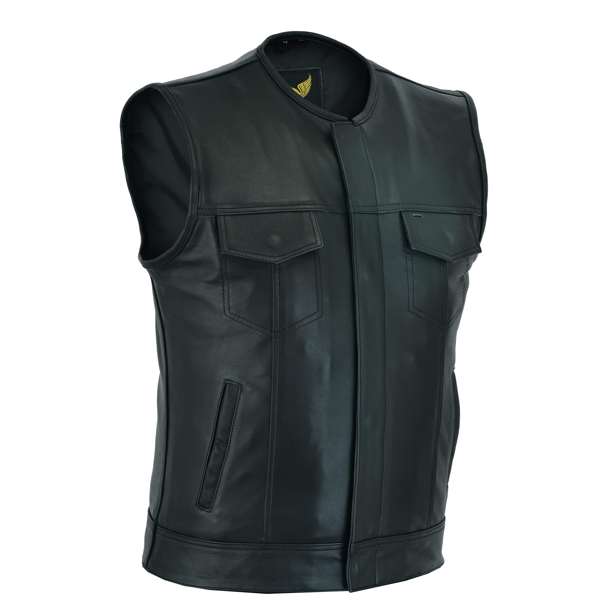 Leatherick Men's Black Motorcycle Vest - SOA Club & Traditional Paisley Satin Lined Leather Biker Jacket for Riding, Motorcycle Events & Casual Wear