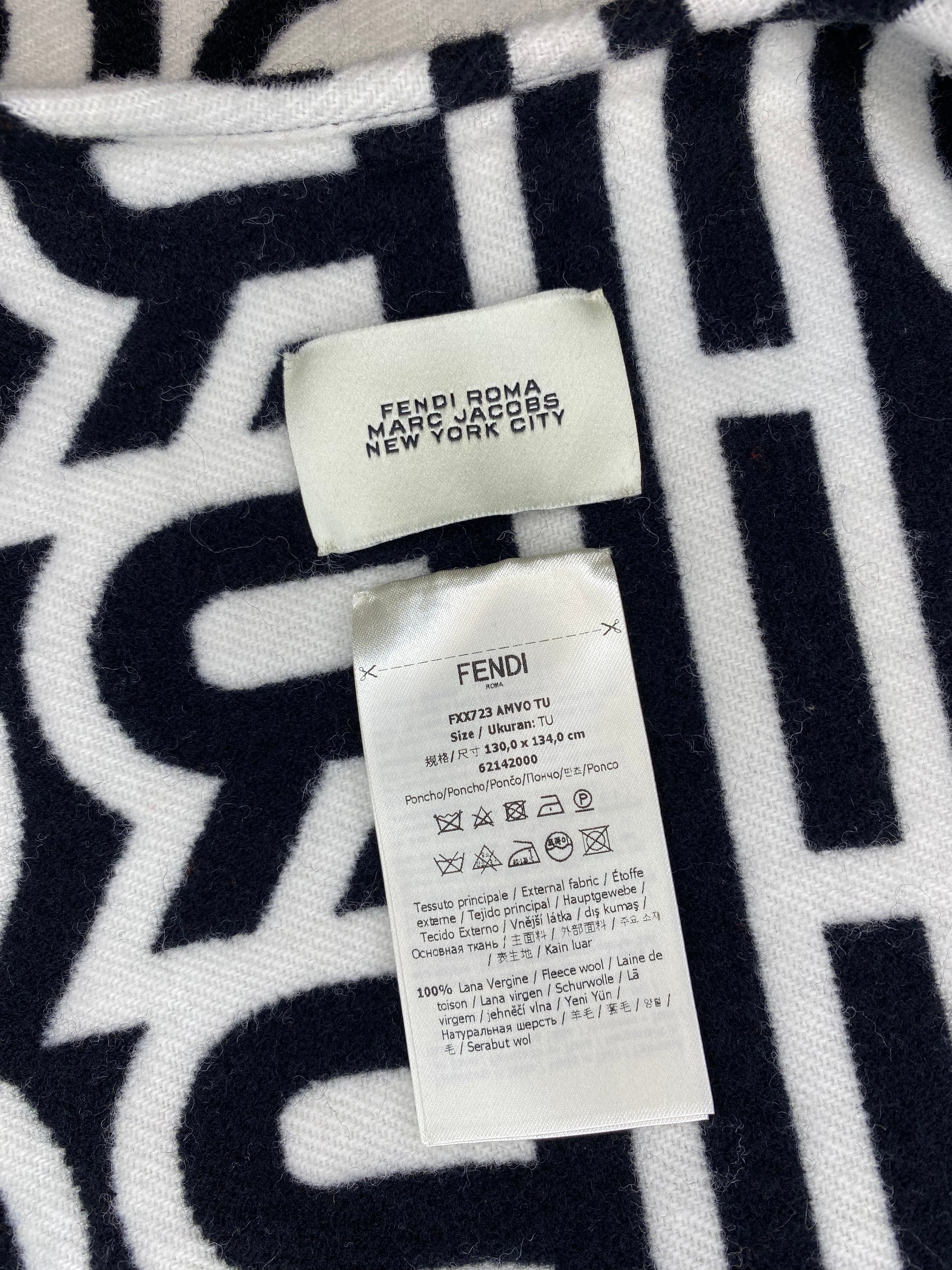 Fendi Marc Jacobs Wool Poncho for Women - Soft White & Black Checkered Pattern - Cozy Winter Wrap Shawl for Outdoor Travel & Casual Fashion