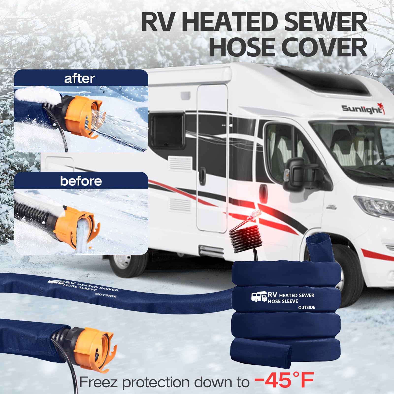 Heated RV Sewer Hose Kit (-45°F Freeze Protection) for Winter Camping