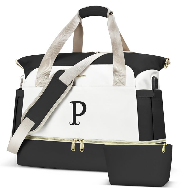 Personalized Initials Travel Bag for Women - Gym Duffel with Shoe Compartment & USB Charging Port - Weekender Overnight Bag for Yoga, Workouts & Weekend Getaways (Beige) - Perfect for Gym, Travel & Yoga Sessions