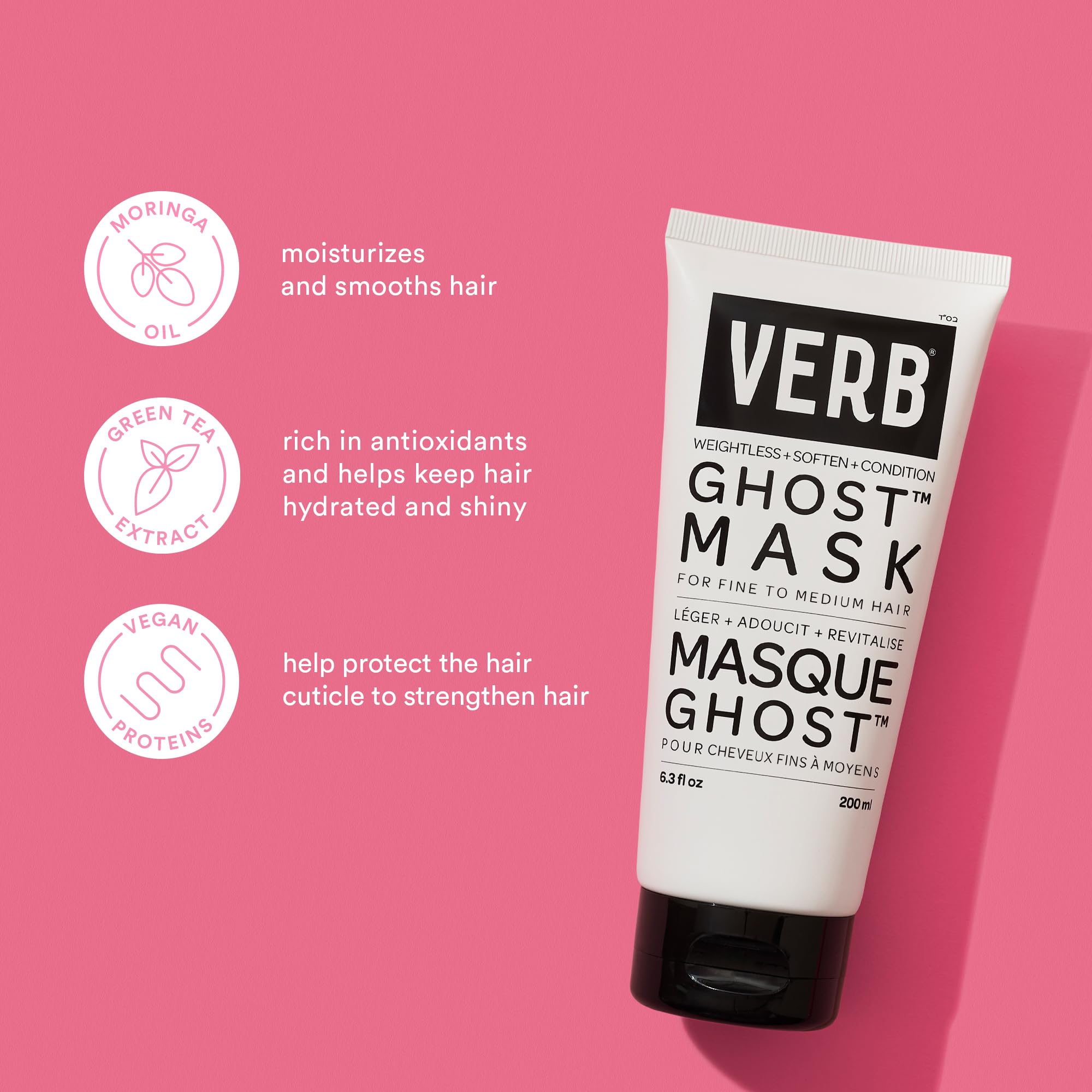 VERB Ghost Hair Mask - Vegan Deep Conditioning Treatment for Damaged Hair - Hydrating Hair Repair Mask with Moringa Oil to Defrizz & Boost Shine (6.3 fl oz) - Perfect for Dry, Frizzy Hair at Home or Salon Use