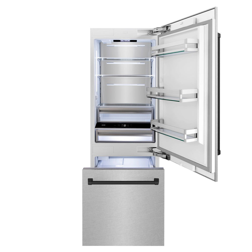 ZLINE Autograph Edition 30-Inch Built-In Bottom Freezer Refrigerator - 16.1 cu.ft Capacity, Water Dispenser & Ice Maker - Satin Stainless Steel with Matte Black Accents (RBIVZ SN 30 MB) - Perfect for Modern Kitchens, Open-Concept Homes & Luxury Appliances Collection