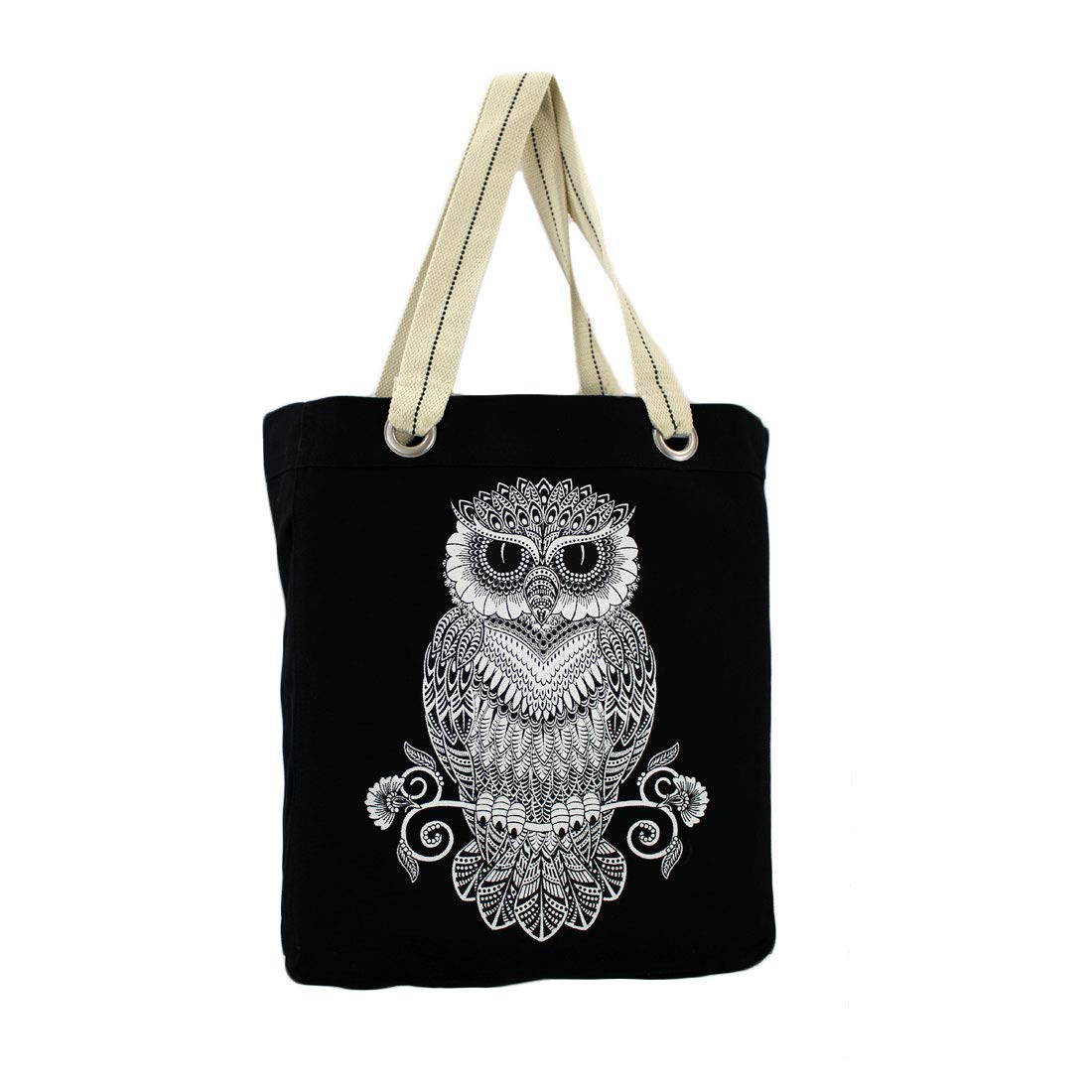 Stylish Black Cotton Shoulder Tote Bag with Owl Print - Perfect for Travel, Beach & Everyday Use