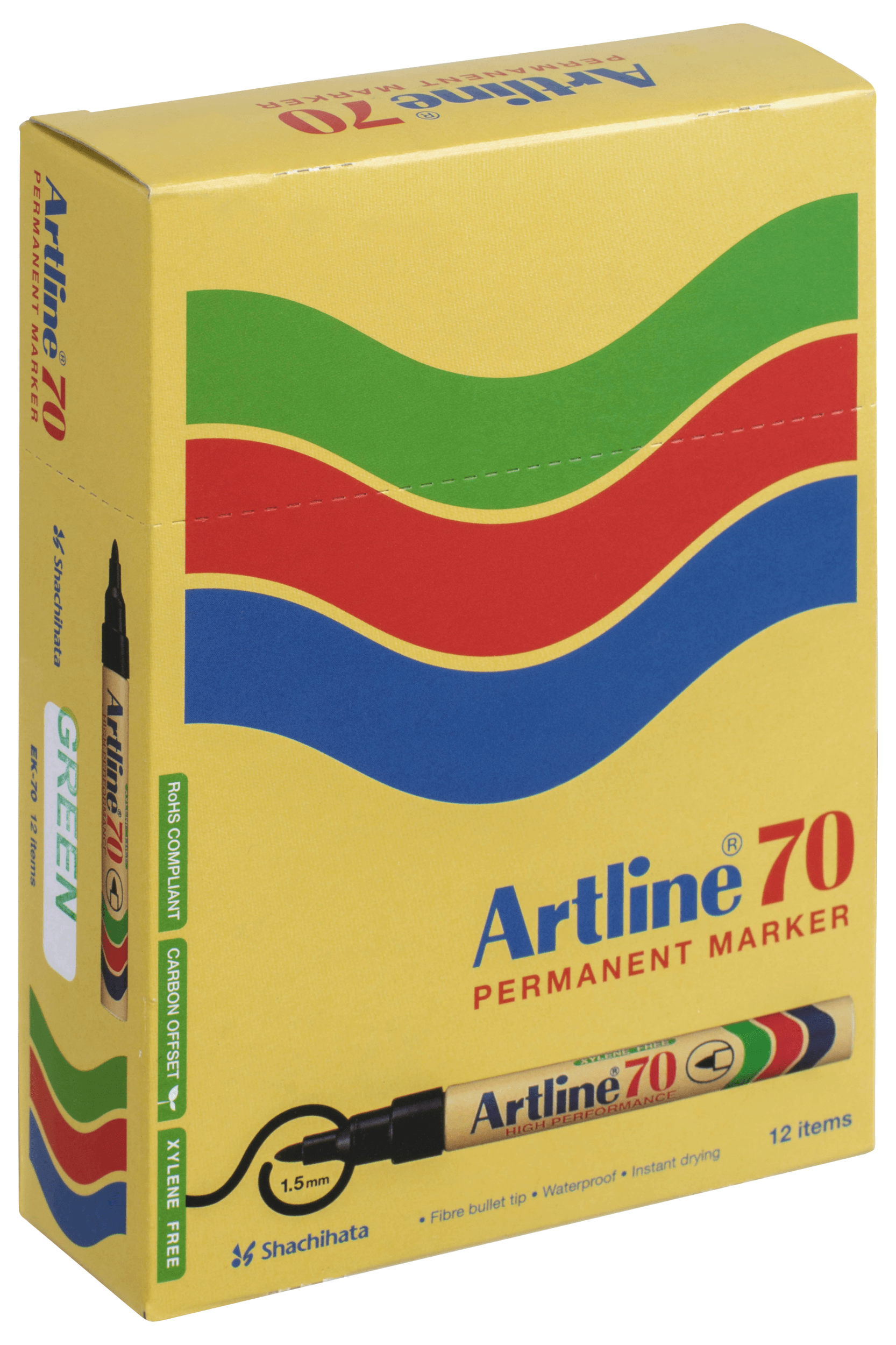 Artline 70 Permanent Marker Bullet Tip - Green Ink (12-Pack) - Ideal for Office, School, and Craft Projects
