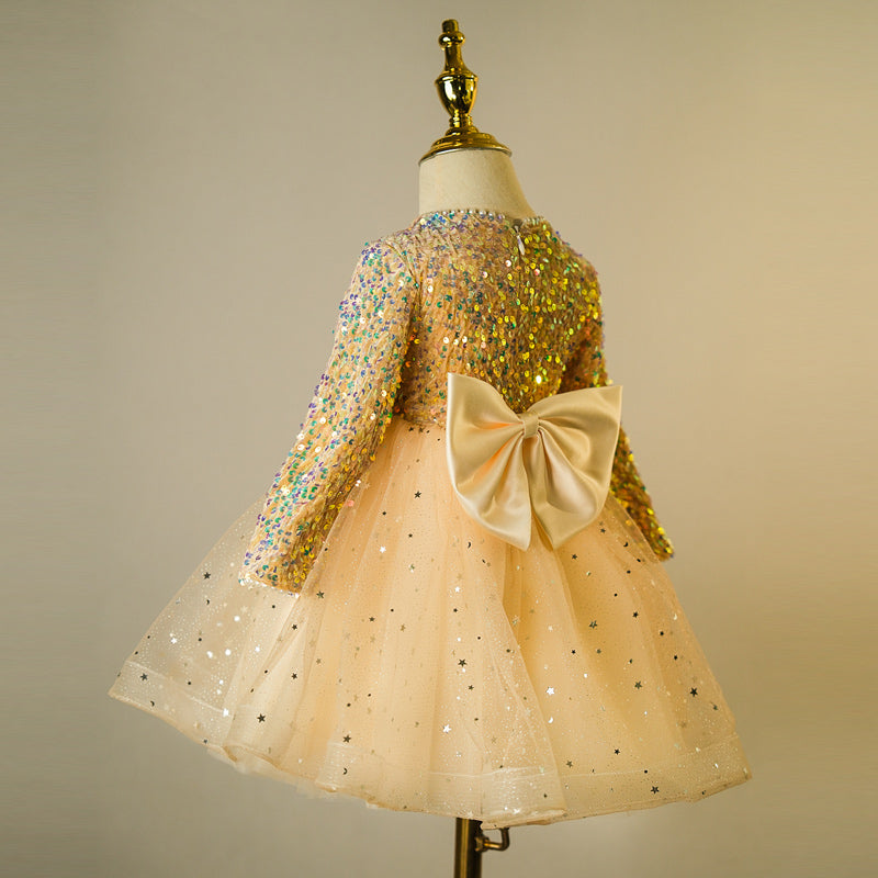 Sparkling Gold Sequin A-Line Flower Girl Dress with Beaded Long Sleeves - Perfect for Weddings, Pageants & Special Occasions