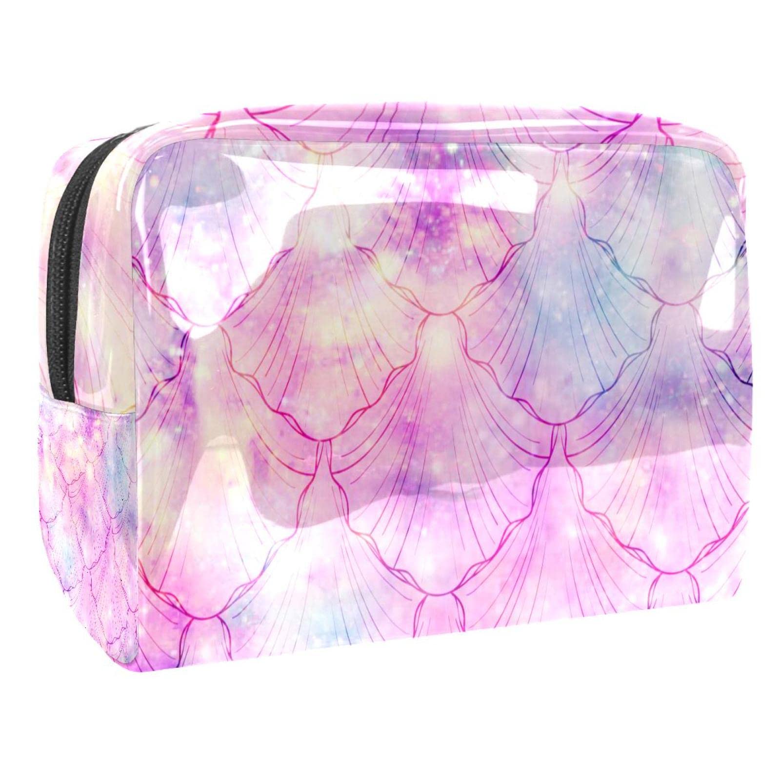 **Pink Mermaid Fish Scale Travel Makeup Bag - Waterproof PVC Cosmetic Case with Brush Holder, Portable Makeup Organizer for Women | Perfect for Travel, Gym & Daily Storage**