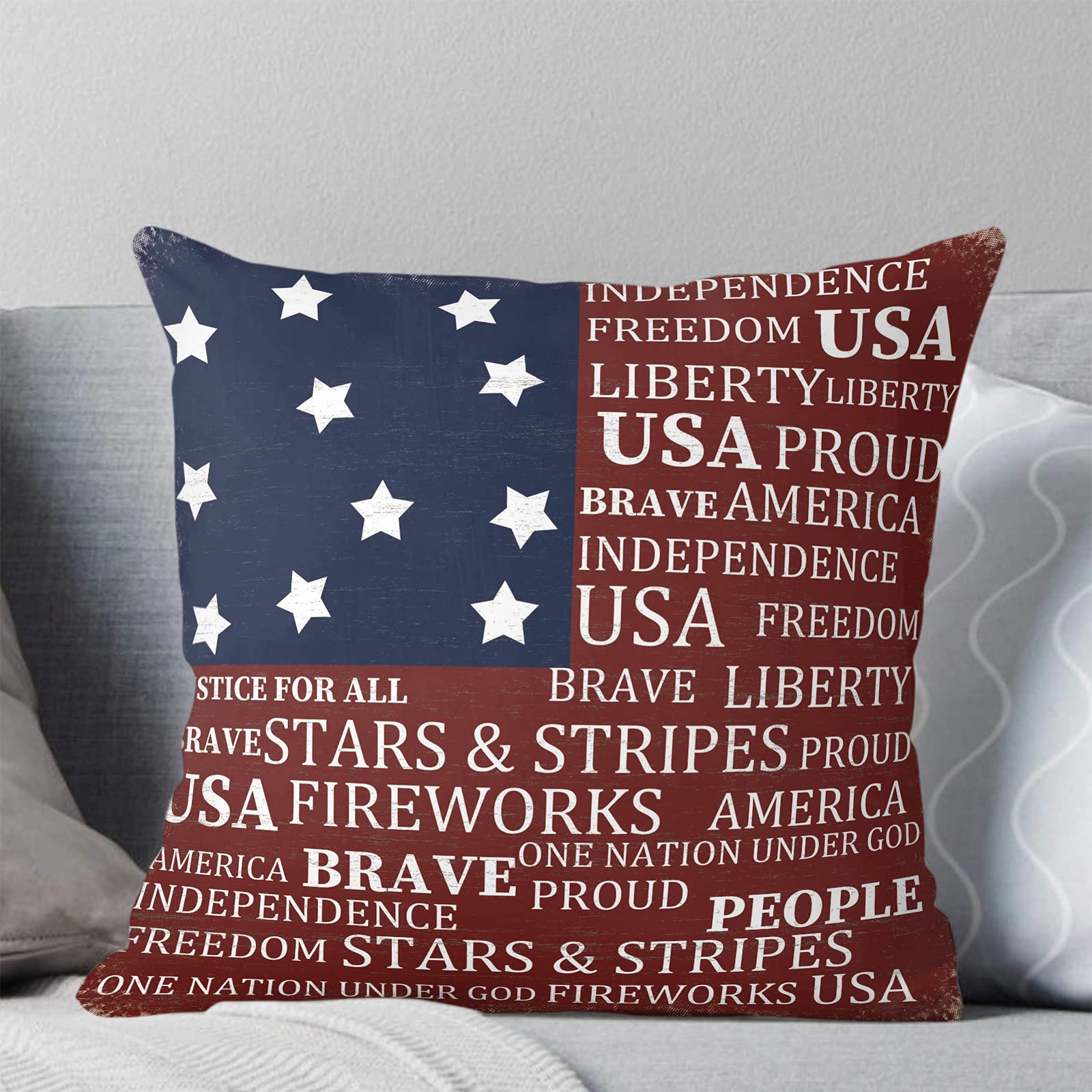 American Flag Patriotic Throw Pillow Covers 20x20 Inch - Freedom Brave Text Decorative Cushion Cases for Sofa, Couch & Bed - Perfect for Living Room, Bedroom Decor on Flag Day & Everyday Home Styling