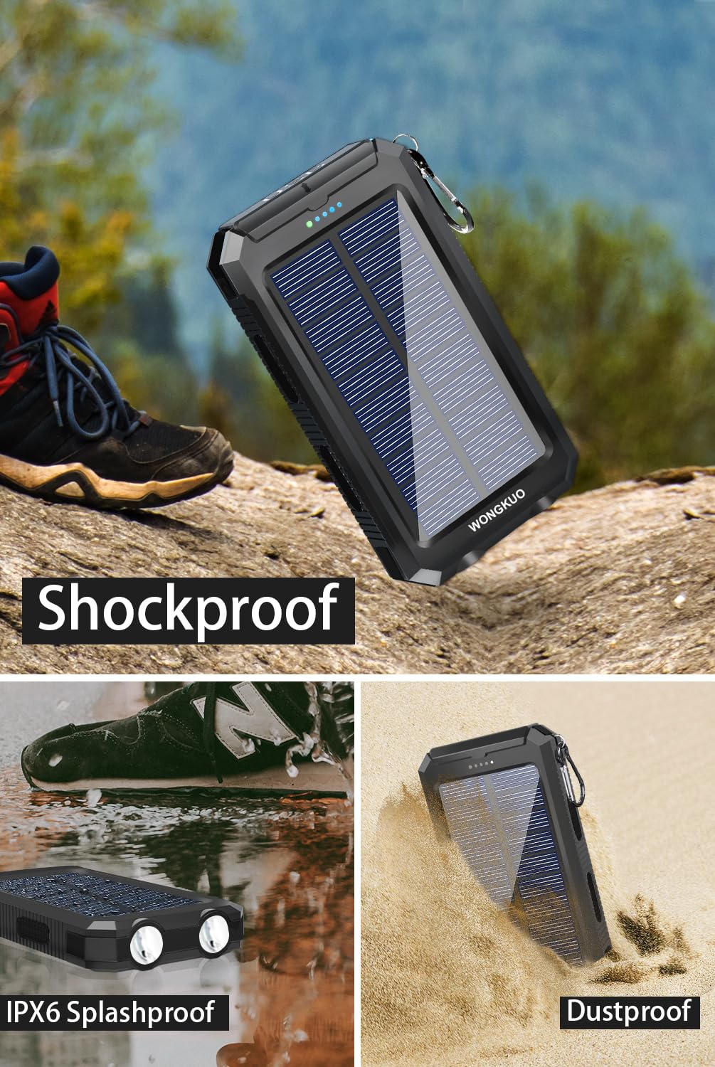 WONGKUO 36800mAh Solar Power Bank with QC3.0 Fast Charging, IP65 Waterproof Portable Charger with LED Flashlight - Perfect for Camping, Hiking, and Emergency Power Outages