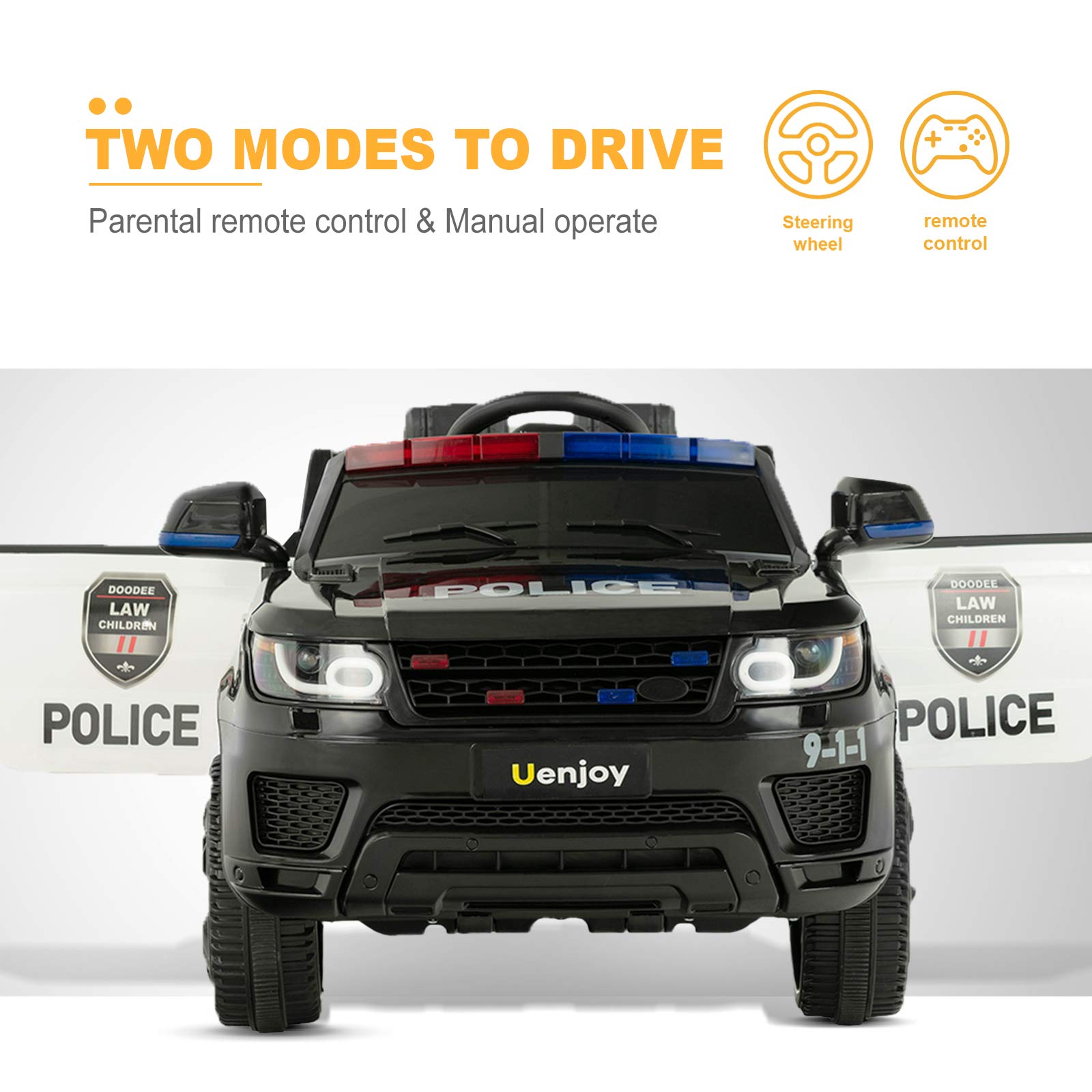 12V Kids Police Ride On Car SUV - Battery Powered Electric Toy Car with 2.4G Remote Control, LED Siren & Flashing Lights, Music, Horn, Intercom, Bumper Guard, Openable Doors, AUX & USB Port - Perfect for Outdoor Play, Birthday Gifts & Pretend Police Adventures (Black)