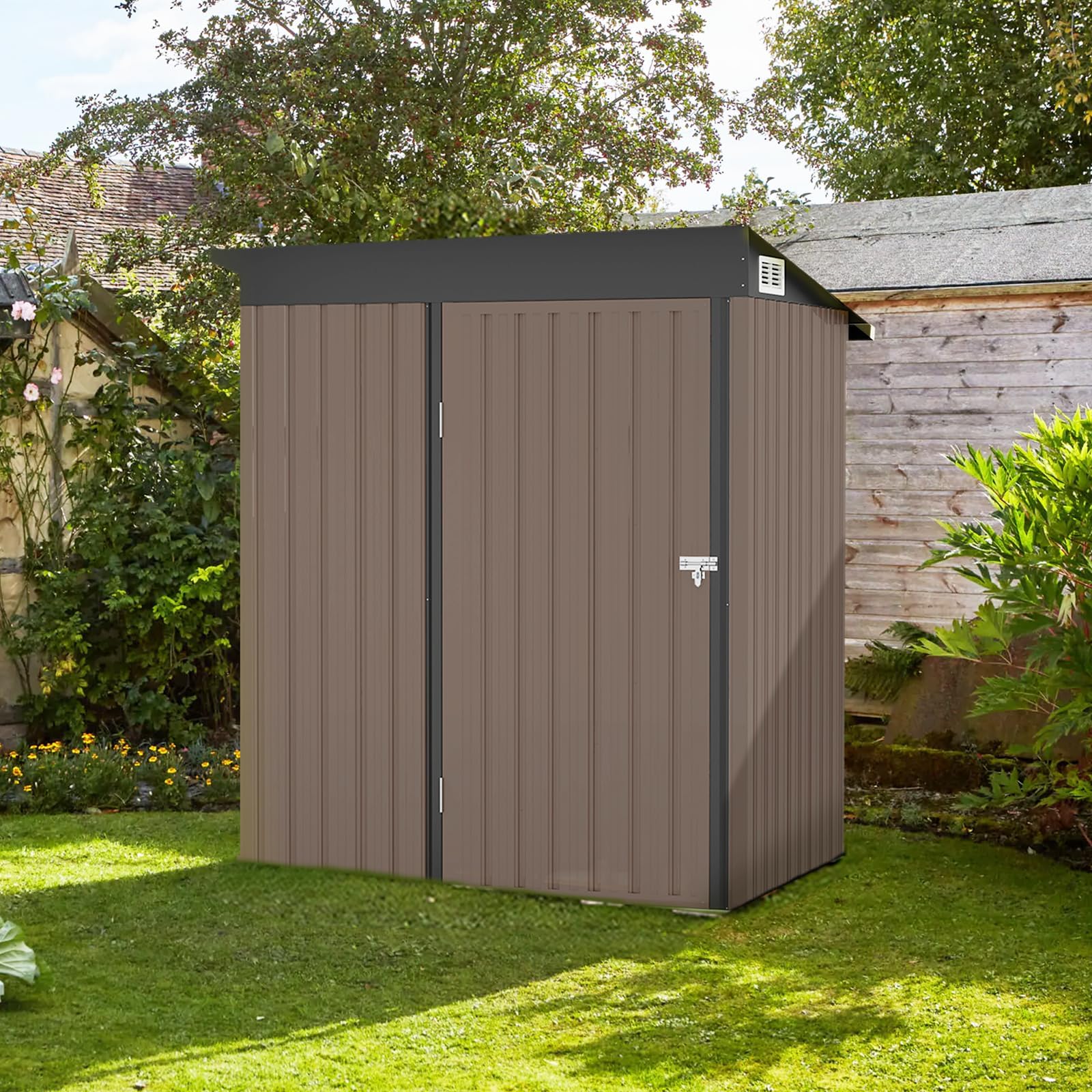 Aoxun 5' x 3' Metal Outdoor Storage Shed - Heavy Duty Steel Utility Tool Shed with Secure Door Lock - Weatherproof Garden Shed for Backyard, Patio, Lawn Equipment Storage (Brown) - Perfect for Storing Gardening Tools, Lawn Mowers & Outdoor Gear