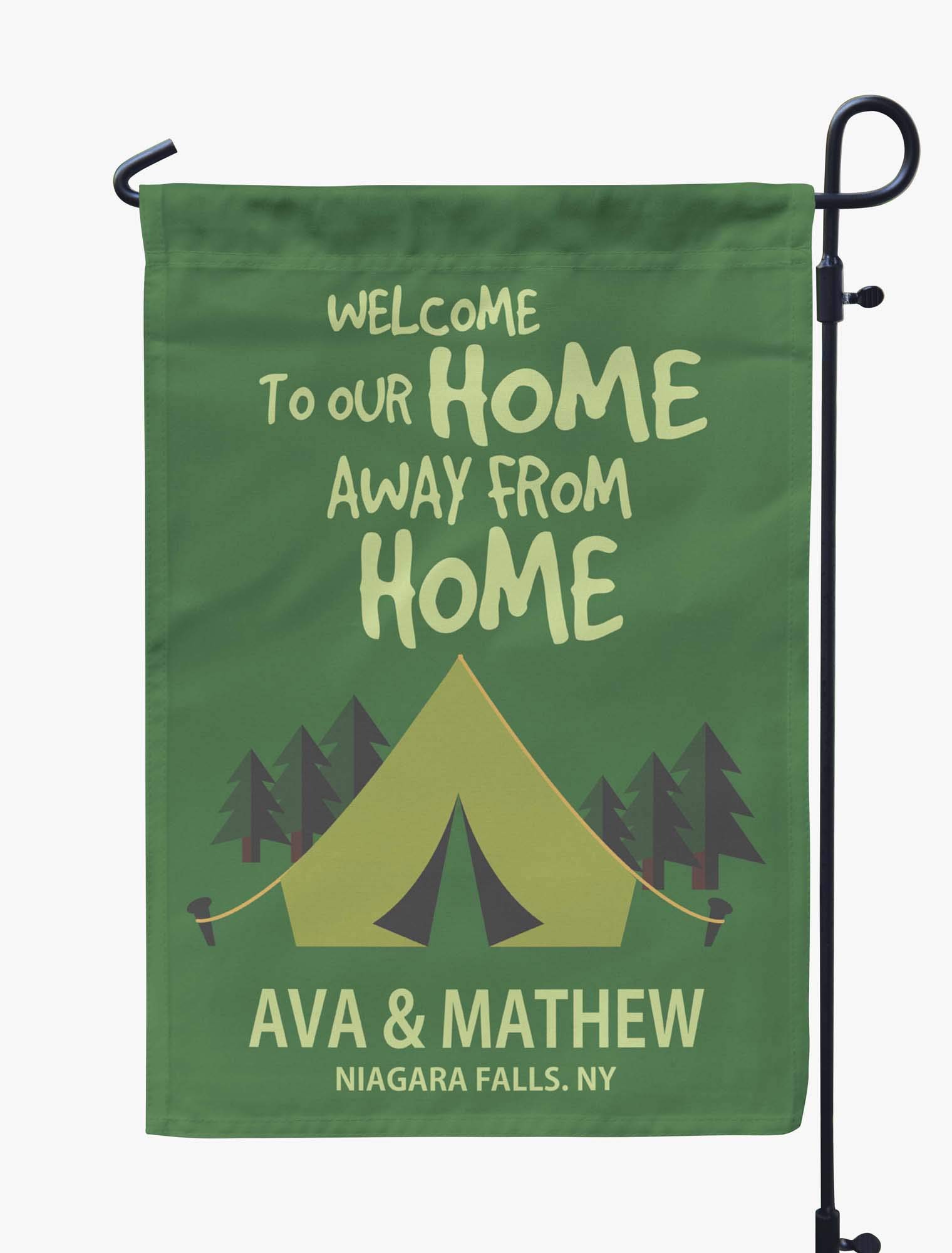 Custom Personalized Double Sided Campsite Flag - Seaweed Green Welcome to Our Home Away from Home Camping Flag for Outdoor Enthusiasts | Perfect for RV Parks, Campgrounds & Backyard Camping Decor