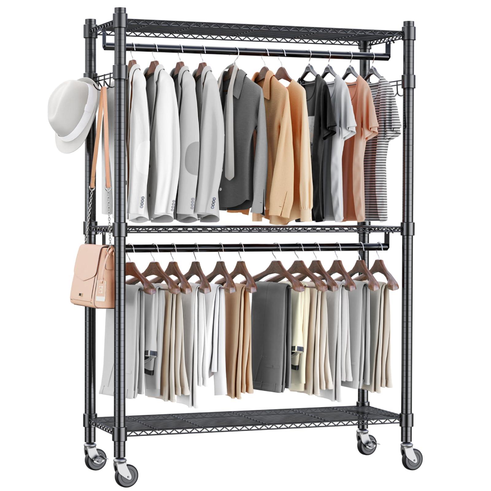Homdox Heavy Duty Rolling Garment Rack with Double Rod & Shelves - 450 LBS Capacity Lockable Wheels & Hanging Hooks | Portable Free Standing Wardrobe Storage for Closet Organization, Bedroom, Laundry Room or Retail Store Display