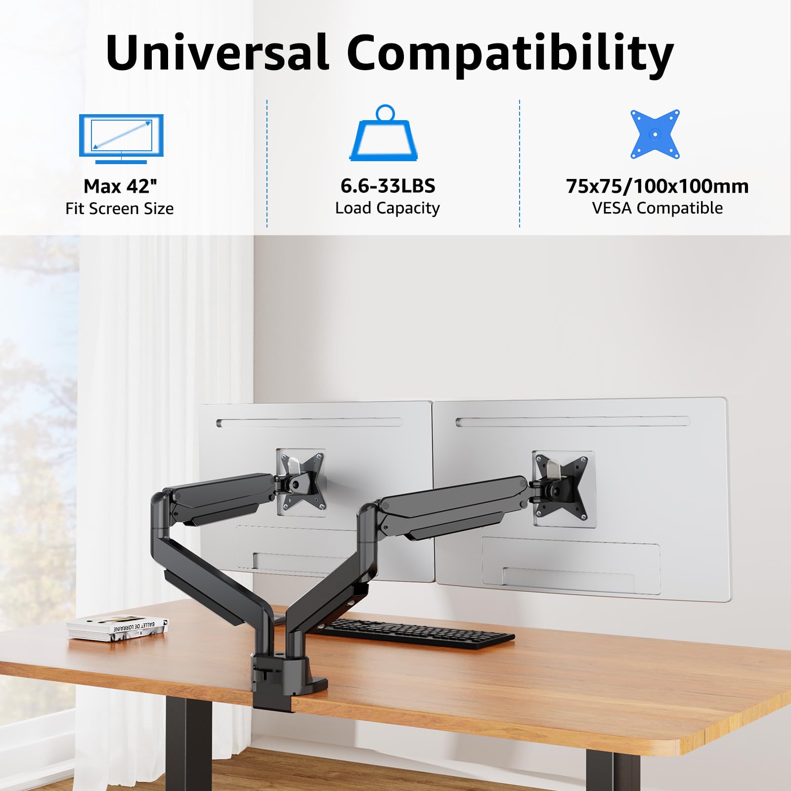 MOUNTUP Dual Monitor Arm Stand for 17-42 Inch Ultrawide Screens - Heavy Duty Gas Spring Desk Mount with VESA 75x75/100x100 - Holds 6.6-33 lbs per Monitor - Clamp/Grommet Base - Perfect for Home Office, Gaming Setup & Workstation Ergonomics