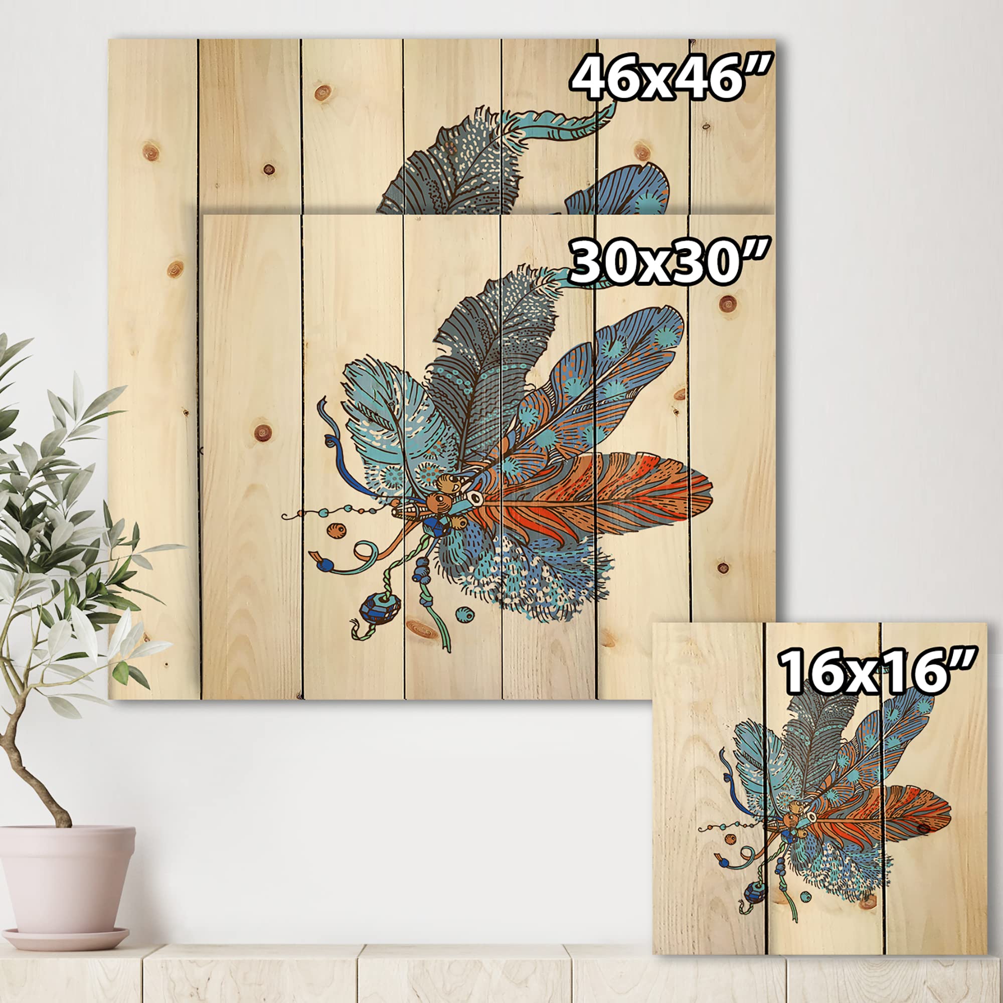 Bohemian Wood Wall Decor - Blue Floral Wood Wall Art Panels, Large Ethnic Boho Style Design Printed on Natural Pine Wood | Perfect for Living Room, Bedroom & Home Office Decor