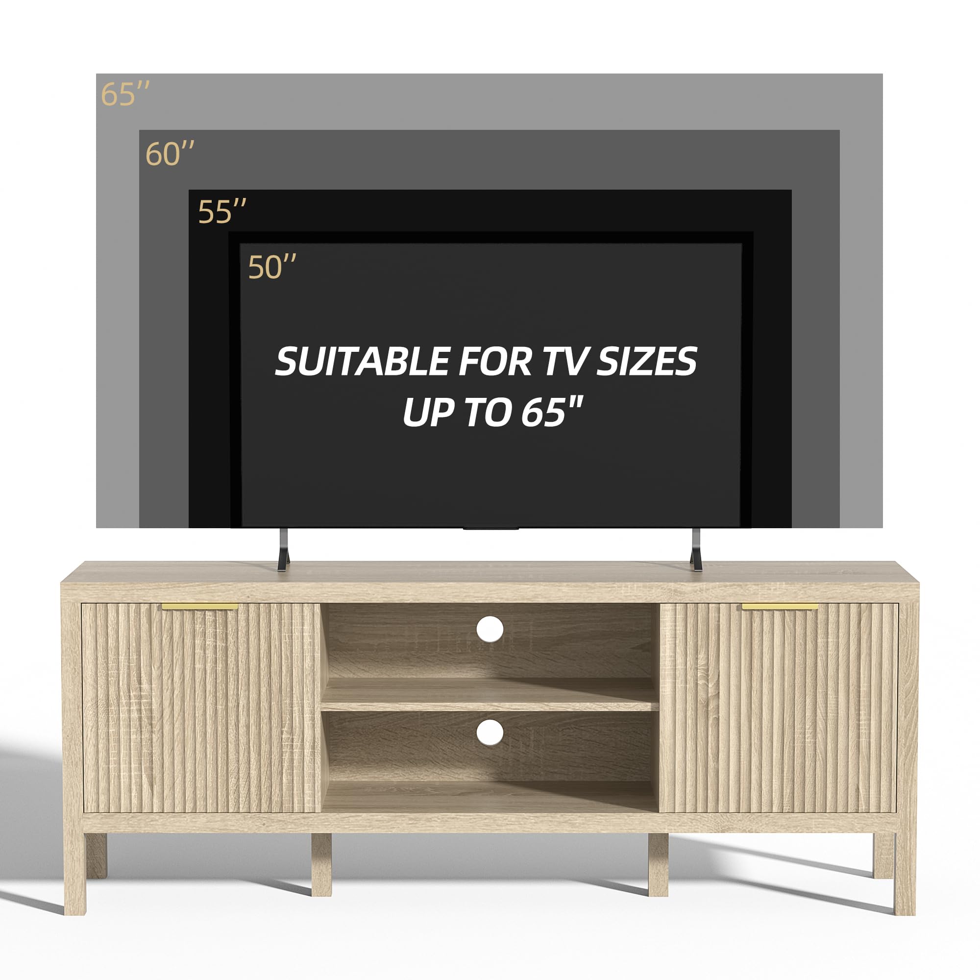 Mid Century Modern Fluted TV Stand with Storage Cabinet - Heavy Duty Entertainment Center for 65-Inch TVs - Sunwashed Ash Oak Finish - Perfect for Bedroom, Living Room & Home Theater Setup