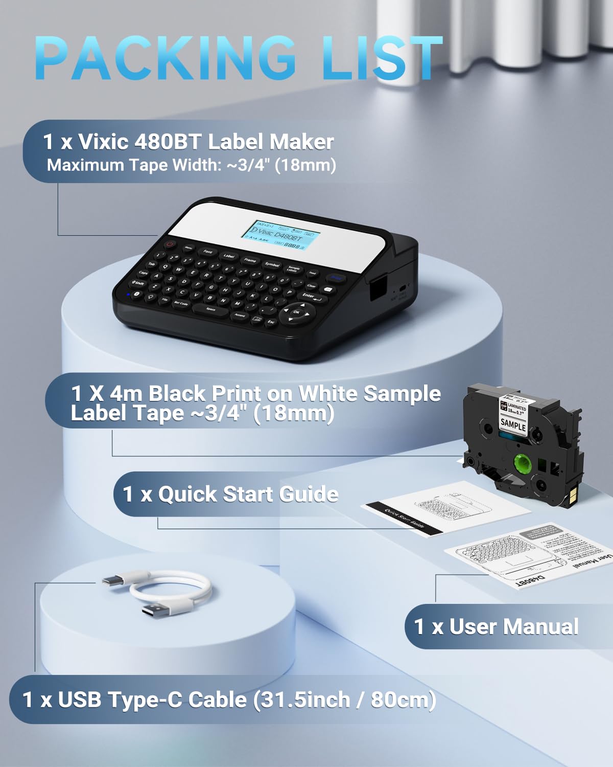 D480BT Bluetooth Label Maker with Keyboard & Backlight - Rechargeable Label Machine with Waterproof Tape (Up to 3/4