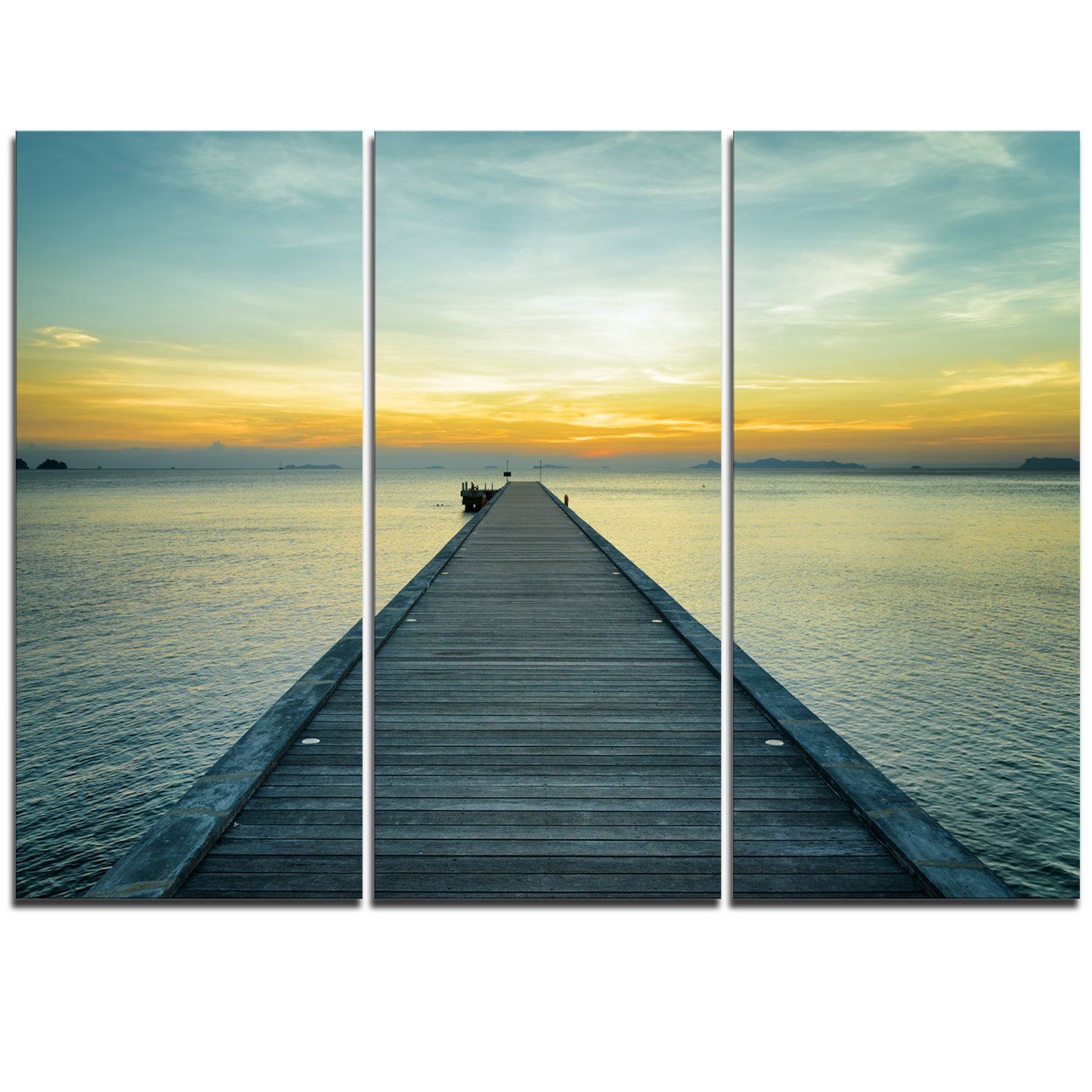 Designart MT11946-3P Wood Pier into The Yellow Blue Wooden Sea Bridge Metal Wall Art Set (3 Panels, 36x28 Inches) - Coastal Home Decor for Living Room, Bedroom & Office