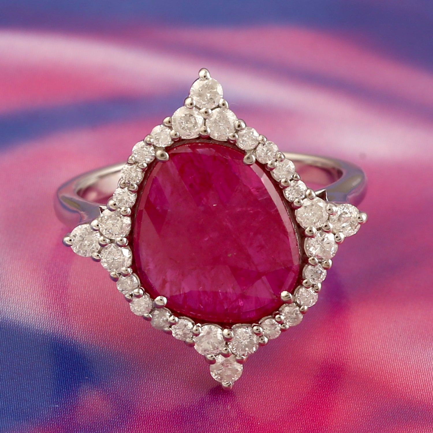 18K White Gold Prong Rose Cut Diamond & Oval Cut Ruby Handmade Cocktail Ring for Women - Elegant Vintage Style Jewelry Gift for Anniversary, Engagement & Special Occasions