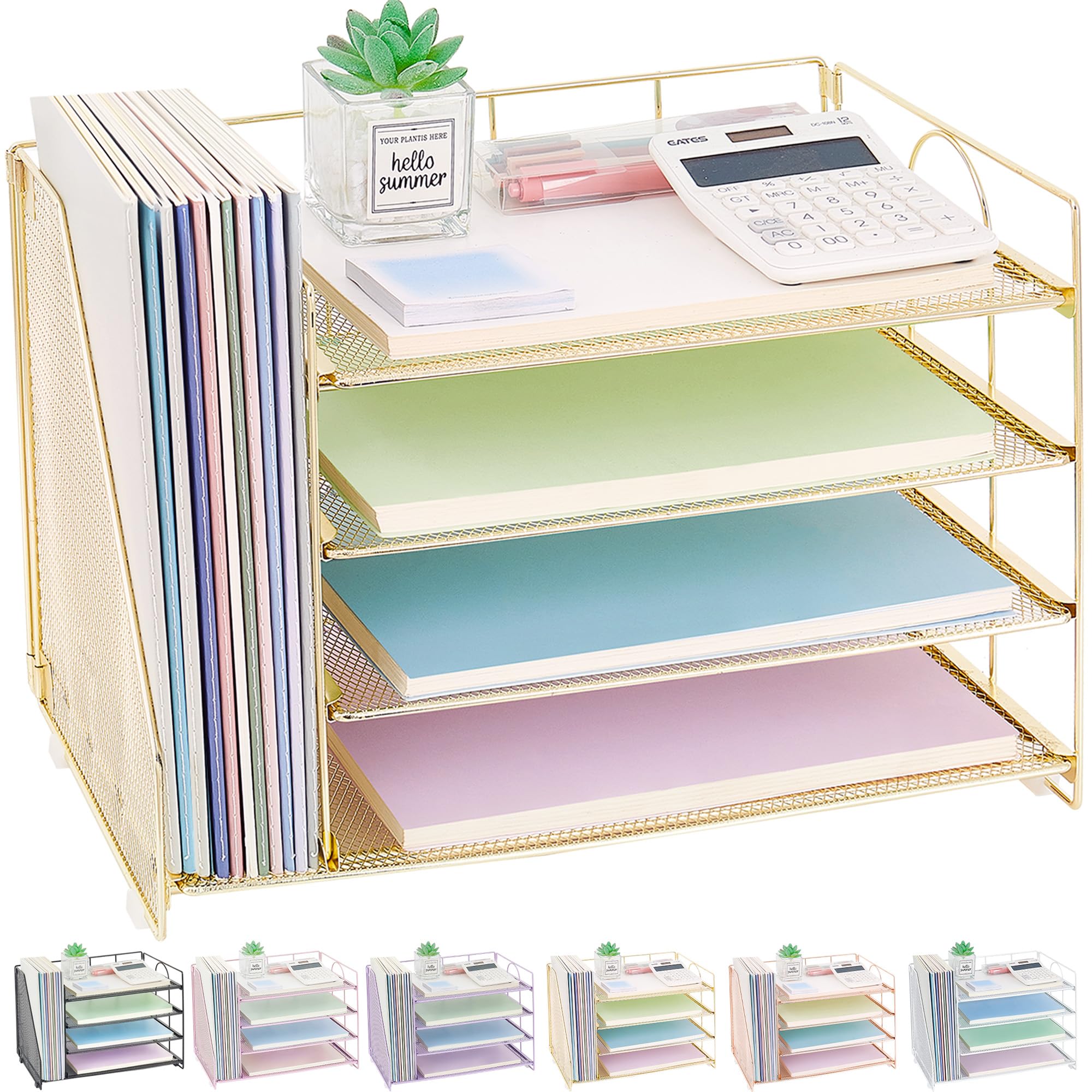 OPNCIE 4-Tier Paper Letter Tray File Organizer - Gold Office Desk Organizer for Documents, Files & Supplies | Perfect for Classroom, Home Office & Workspace Organization | Elegant Storage Solution for Papers, Mail & Office Accessories