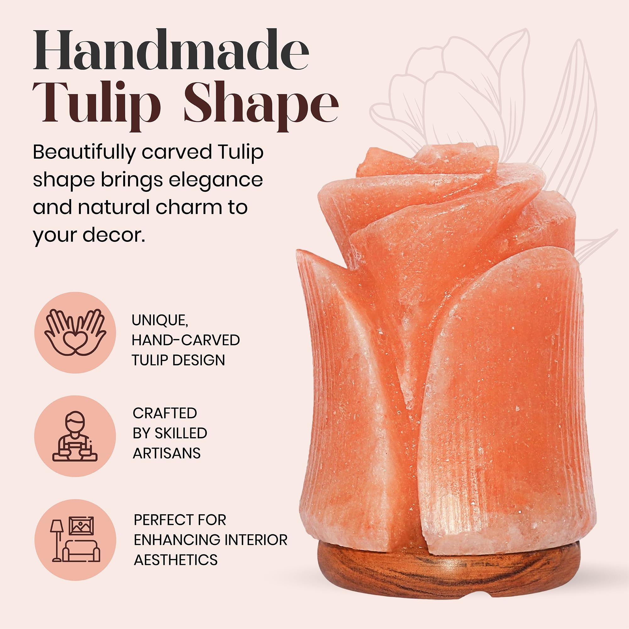 Himalayan Pink Salt Lamp - Hand-Carved Tulip Shape Natural Rock Salt Night Light for Home, Office, Bedroom Decor | Relaxing Mood Light for Yoga, Meditation & Stress Relief | Authentic Salt Crystal Lamp from Pakistan
