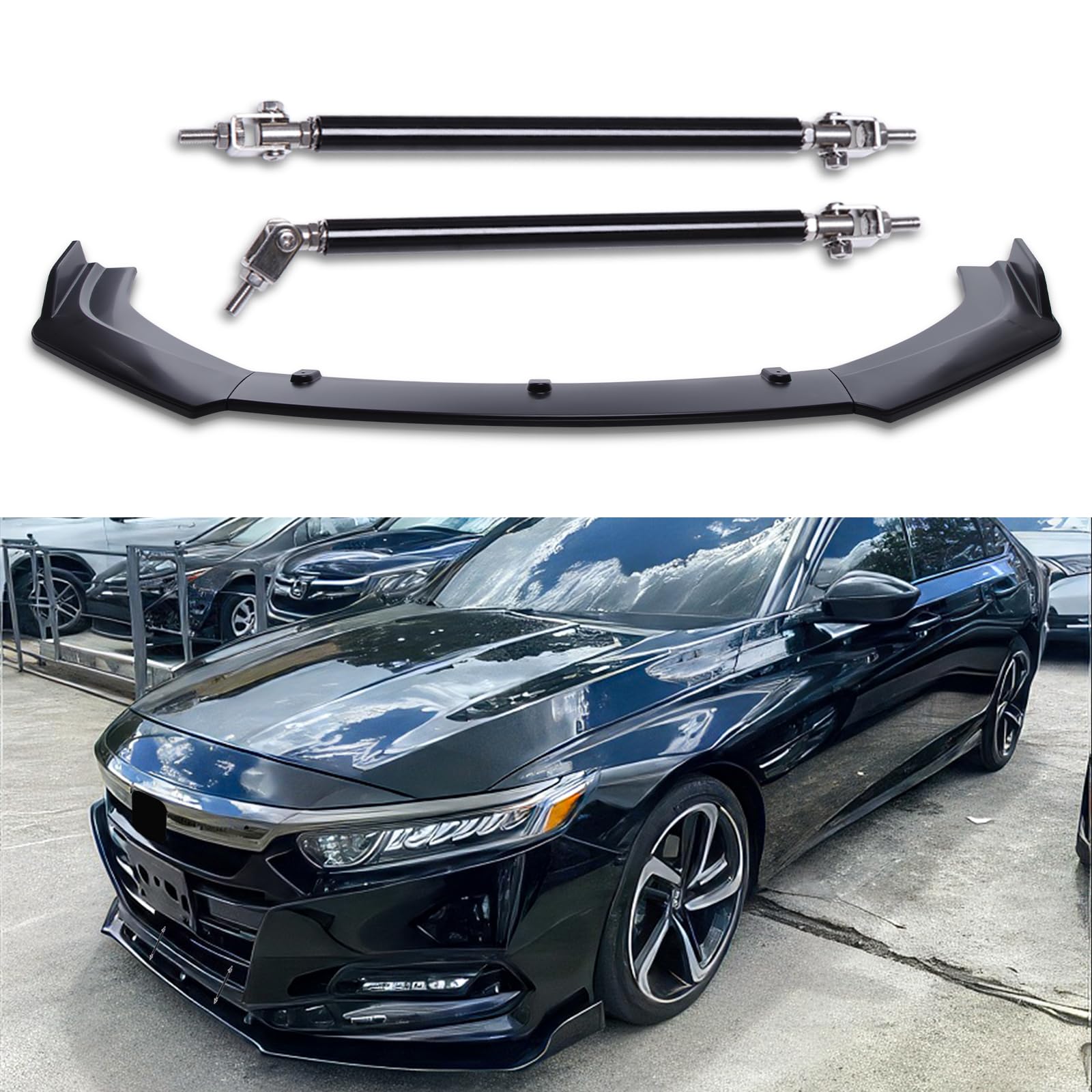 3PCS Matte Black Car Front Bumper Lip Splitter Diffuser Body Kit Spoiler with Adjustable 8-11 Inch Support Rods - Universal Fit for Enhanced Aerodynamics & Sporty Styling (Perfect for Track Racing & Street Performance)