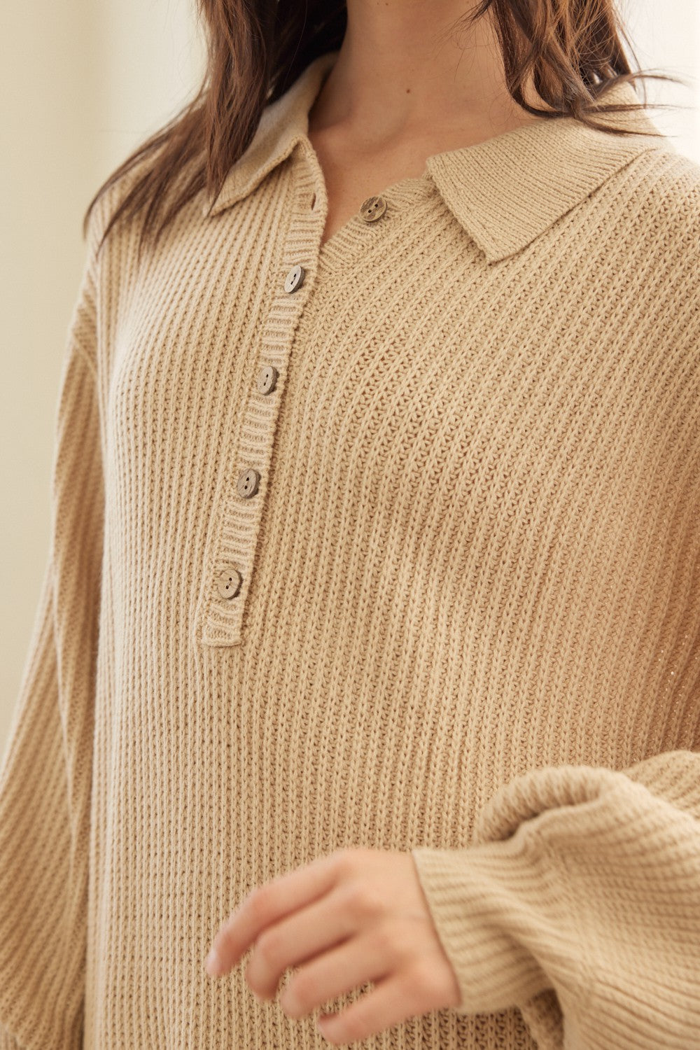 Beige Collared Button Front Sweater Dress for Women - Cozy Winter Knit Dress with Long Sleeves - Perfect for Office, Date Night & Holiday Parties