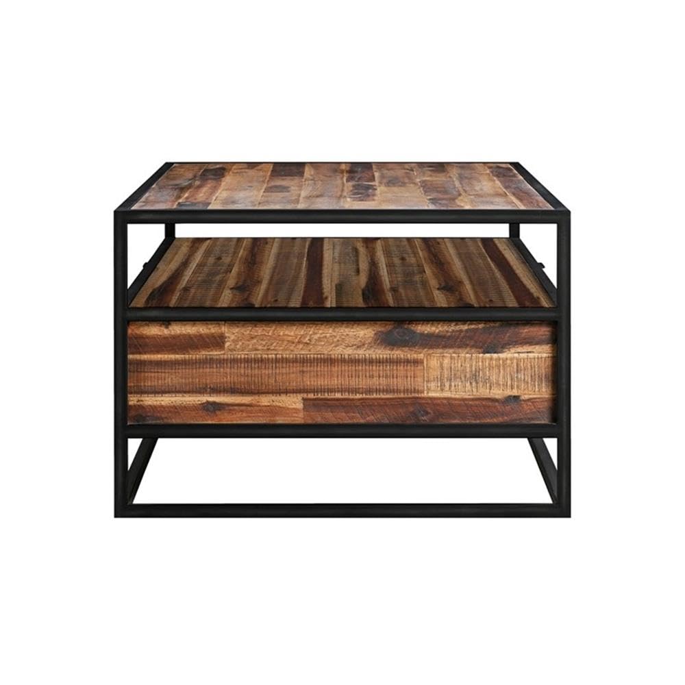 Armen Living Ludgate Rectangle Coffee Table with Shelf - Acacia Wood & Black Metal Frame - Perfect for Living Room, Lounge, or Office