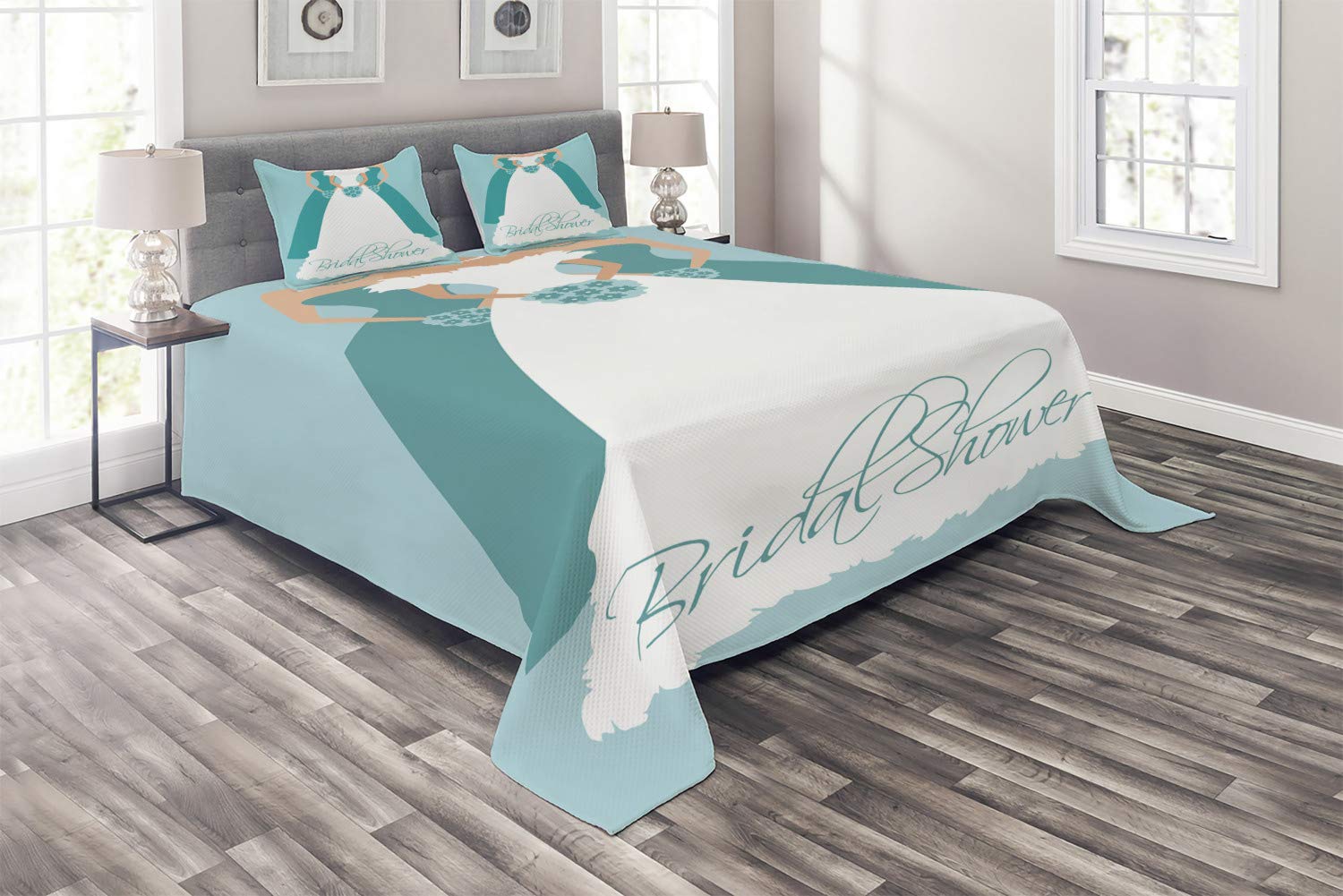Ambesonne 3-Piece King Size Quilted Bedspread Set with 2 Pillow Shams - Turquoise Blue & White Floral Bridal Shower Design Featuring Bride & Bridesmaids - Perfect for Wedding Celebrations, Guest Bedrooms & Boho Chic Home Decor