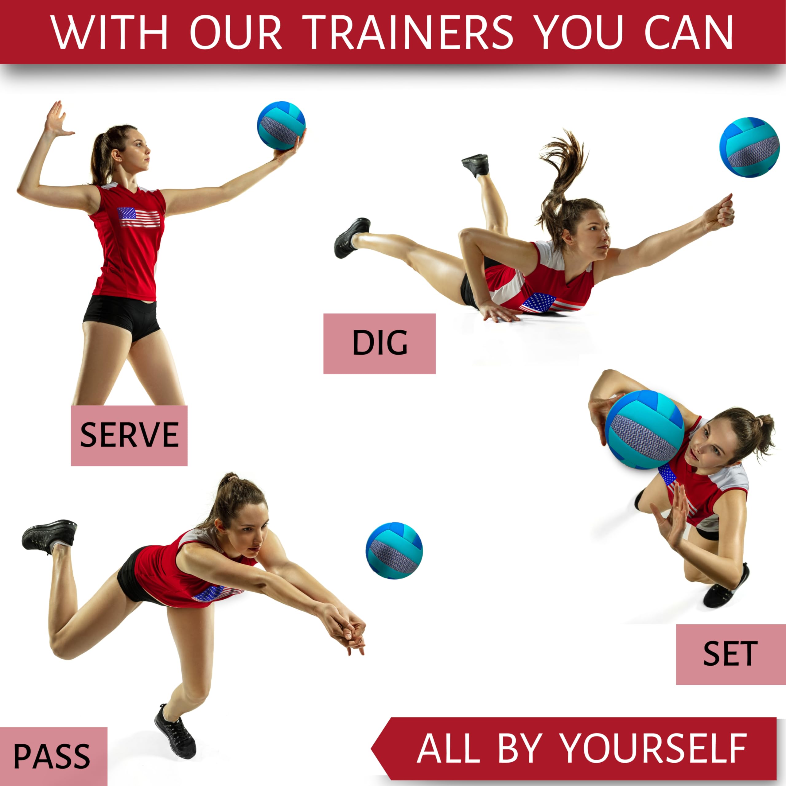 OVANTO Volleyball Training Equipment Set - 4 Styles for Serving, Spiking, Setting & Passing Practice - Adjustable Volleyball Trainer for Beginners & Pros - Perfect for Indoor/Outdoor Court Drills & Solo Practice Sessions