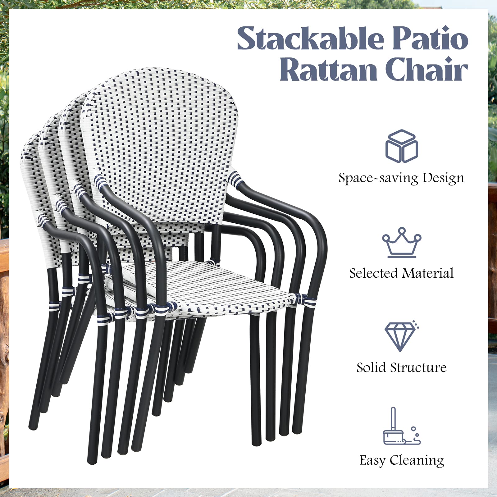 Tangkula 5-Piece Rattan Patio Dining Set - No Assembly Square Folding Table & 4 Stackable Chairs with Tempered Glass Top for Backyard, Garden, Poolside | Perfect for Outdoor Entertaining, Small Space Dining & Bistro Style Decor