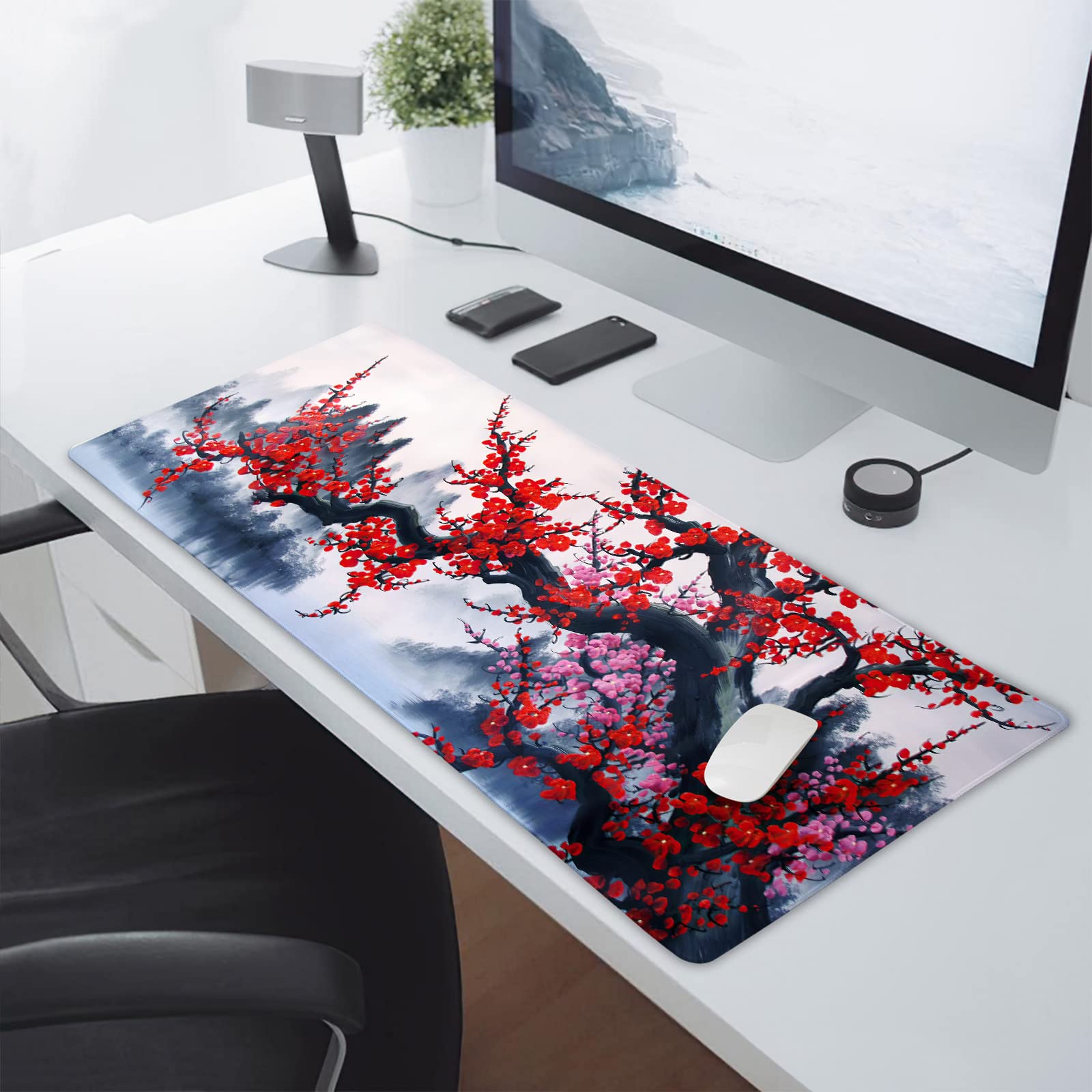 Japanese Cherry Blossom Watercolor Extended Mouse Pad - 90x40cm (35.4x15.7 Inch) Non-Slip Rubber Base Desk Mat with Stitched Edges for Gaming, Office & Home Use - Perfect for Keyboard, Laptop & Computer Workstations