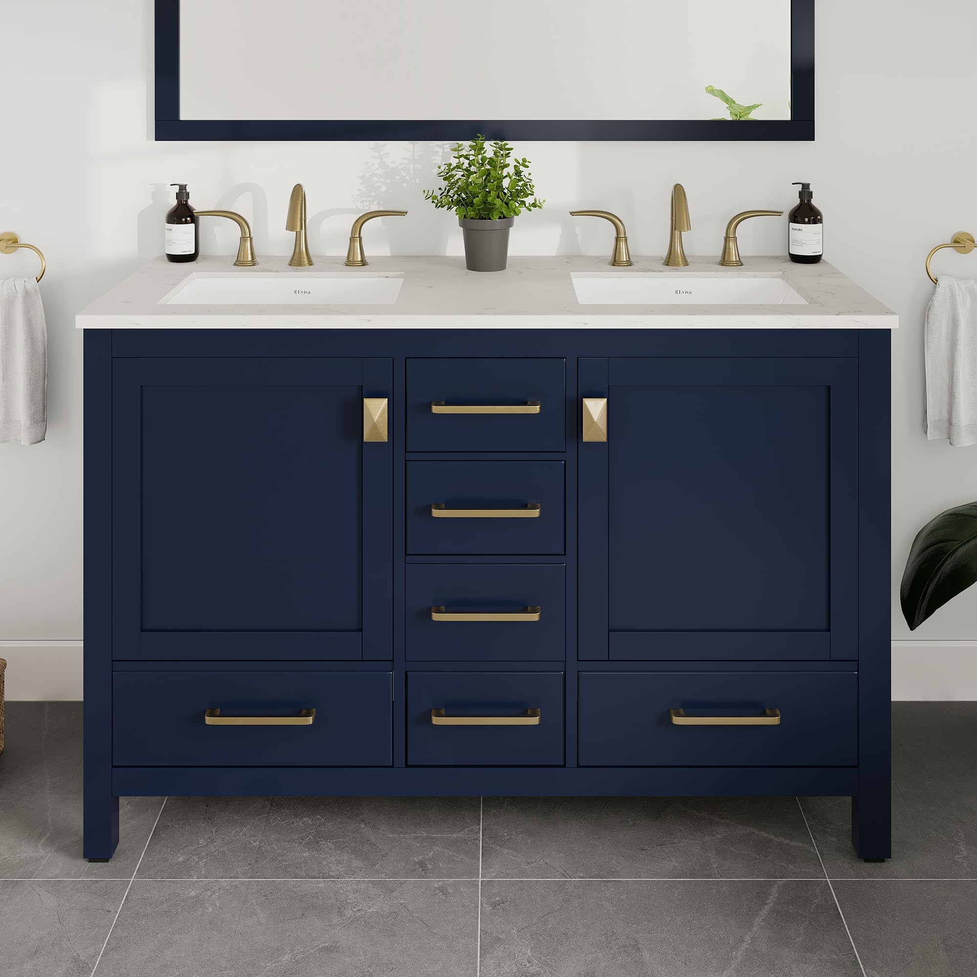 48 Inch Blue Bathroom Vanity with Carrara Quartz Top & Double Sink - Freestanding Vanity Cabinet with Spacious Storage & Wood Countertop - Perfect for Master Bathroom, Guest Bath or Powder Room Remodel