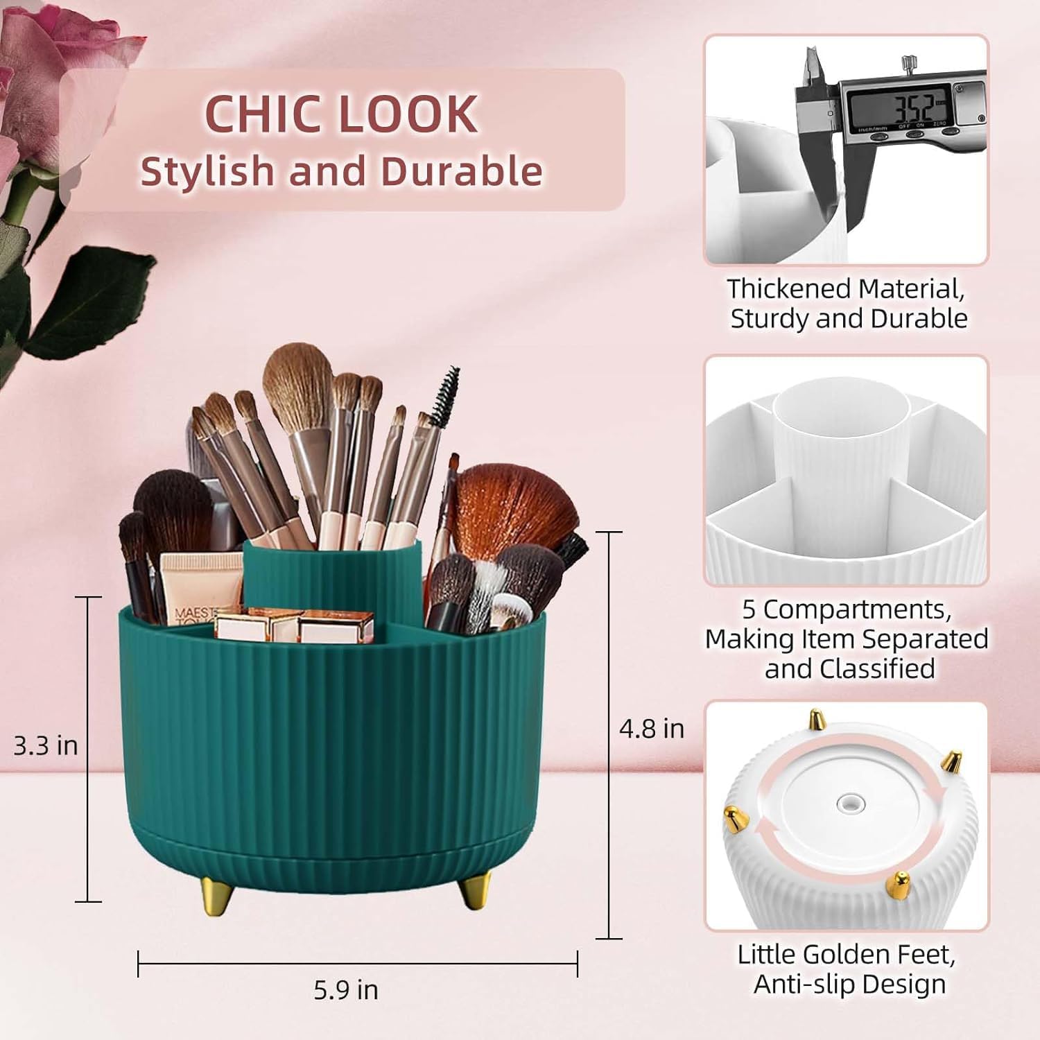360° Rotating Makeup Brush Holder Organizer - Countertop Cosmetic & Skincare Storage for Vanity, Desktop, Bathroom | Perfect for Makeup Artists & Beauty Enthusiasts (Green)