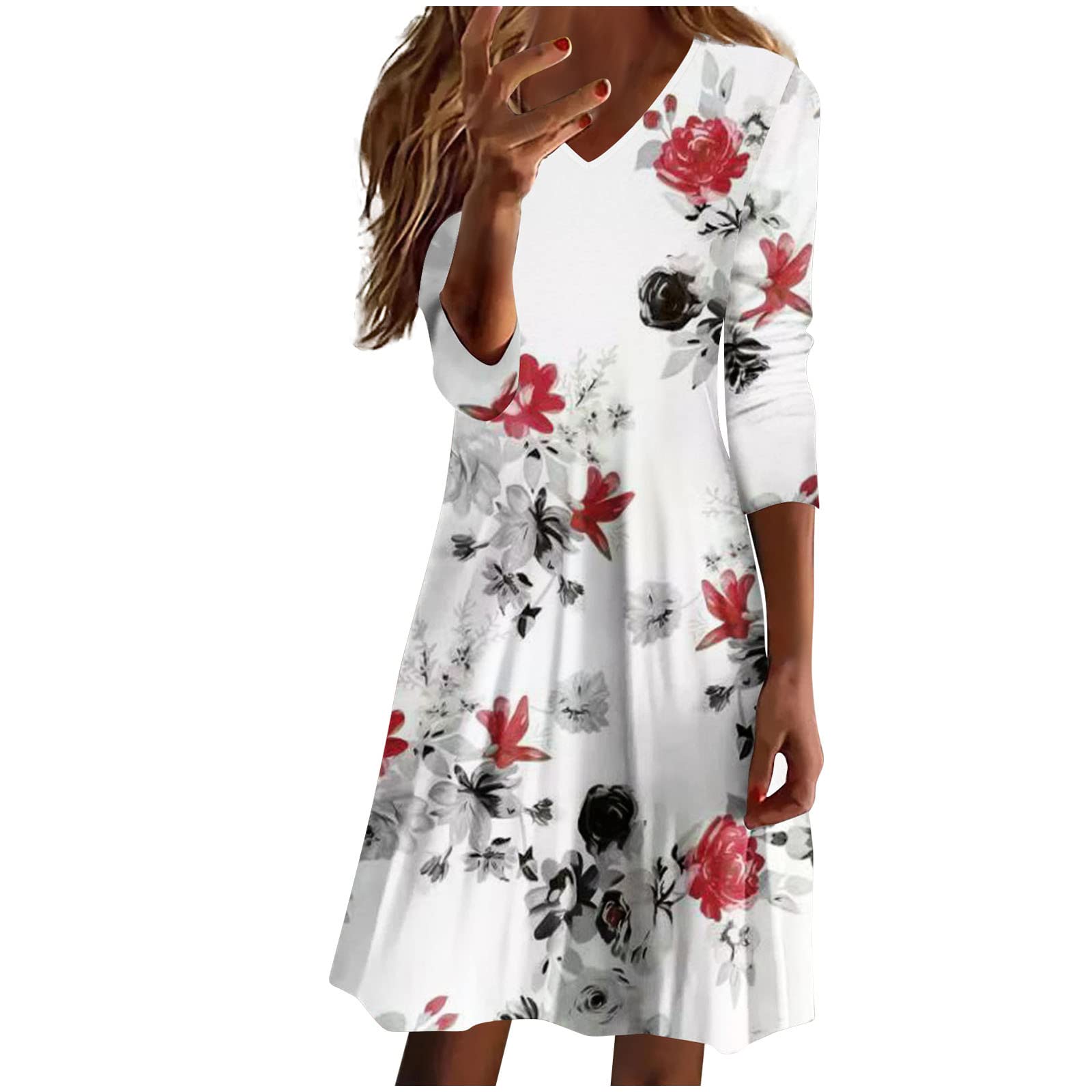 Yomiee Women's 2022 Fall Printed Casual V-Neck Long Sleeve Dress - Perfect for Autumn Vacations, Date Nights & Office Wear